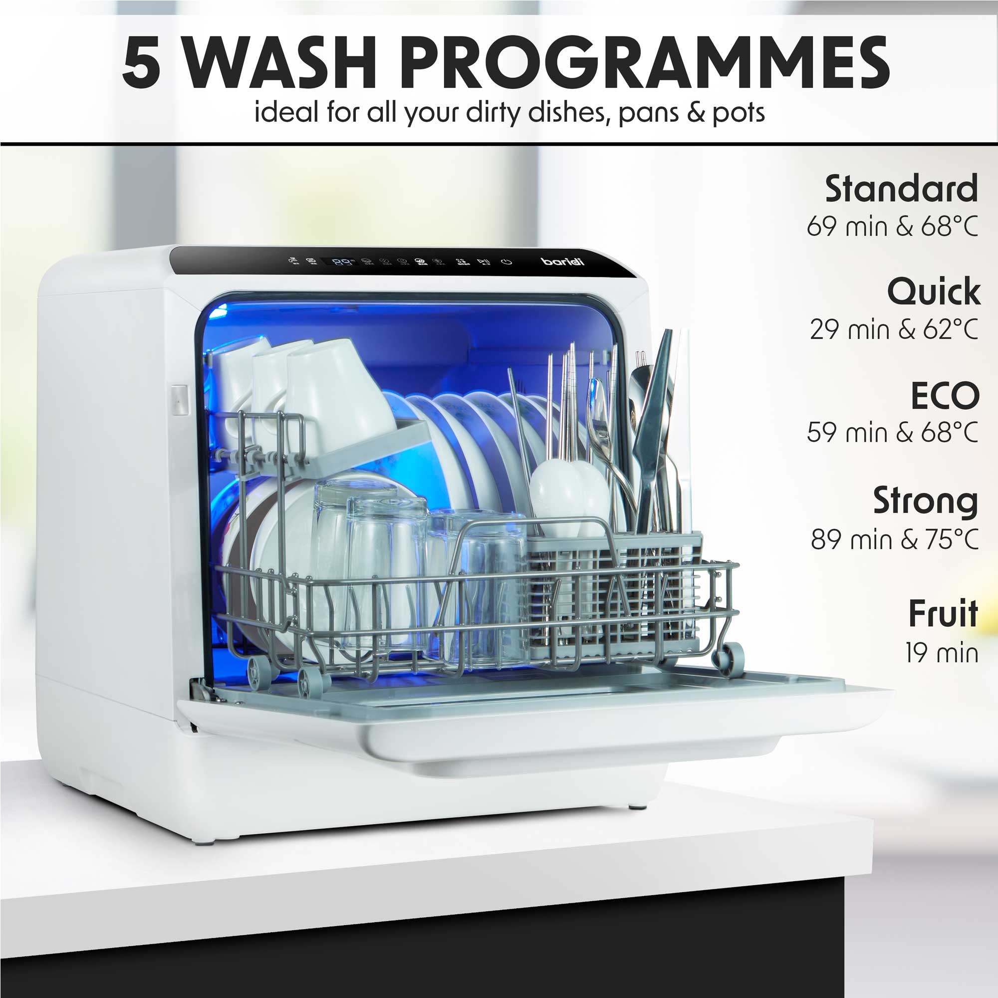 Baridi DH224 Tabletop Dishwasher Action shot - wash - programmes - infographics