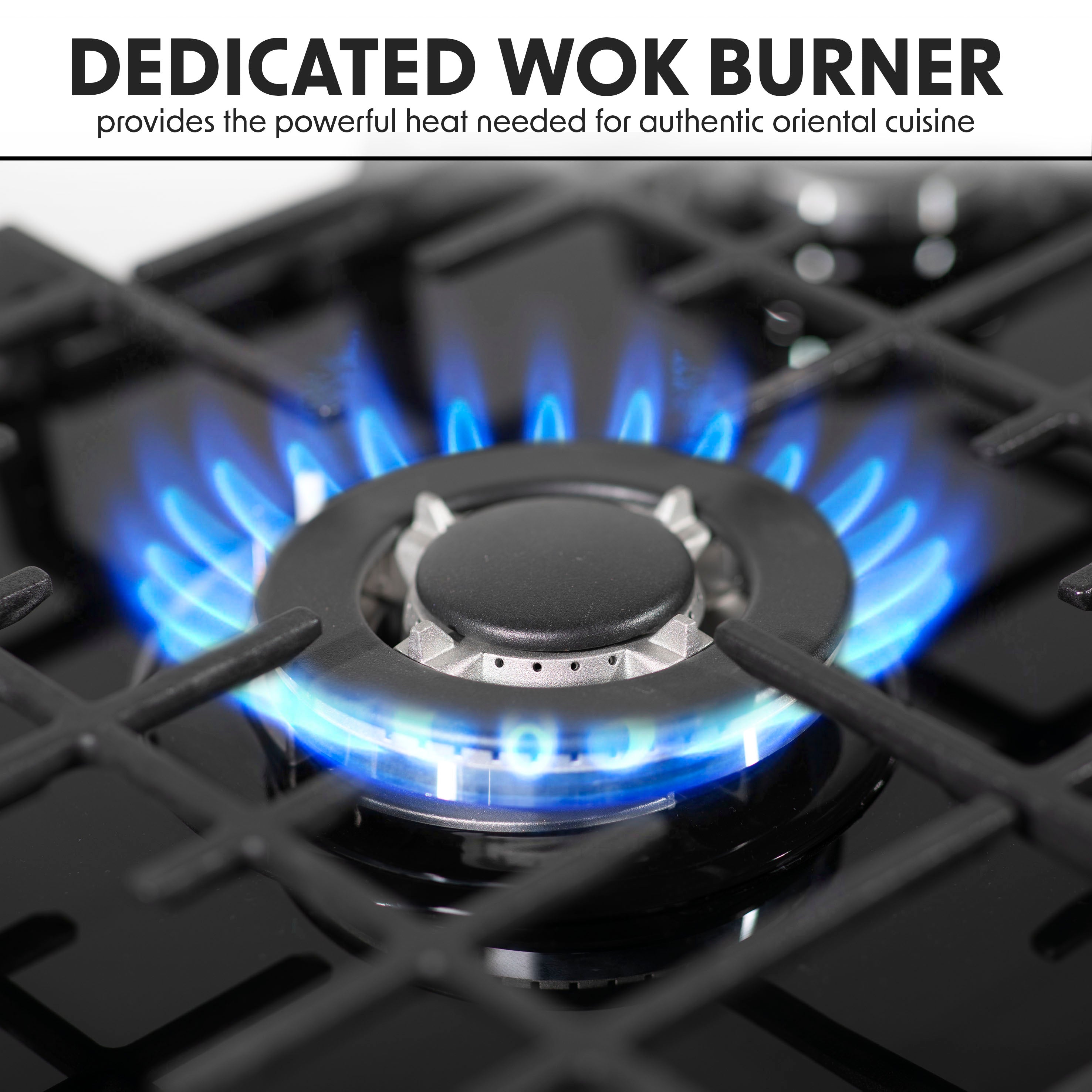 Baridi DH226 Gas Hob Action shot - wok - burner - infographic