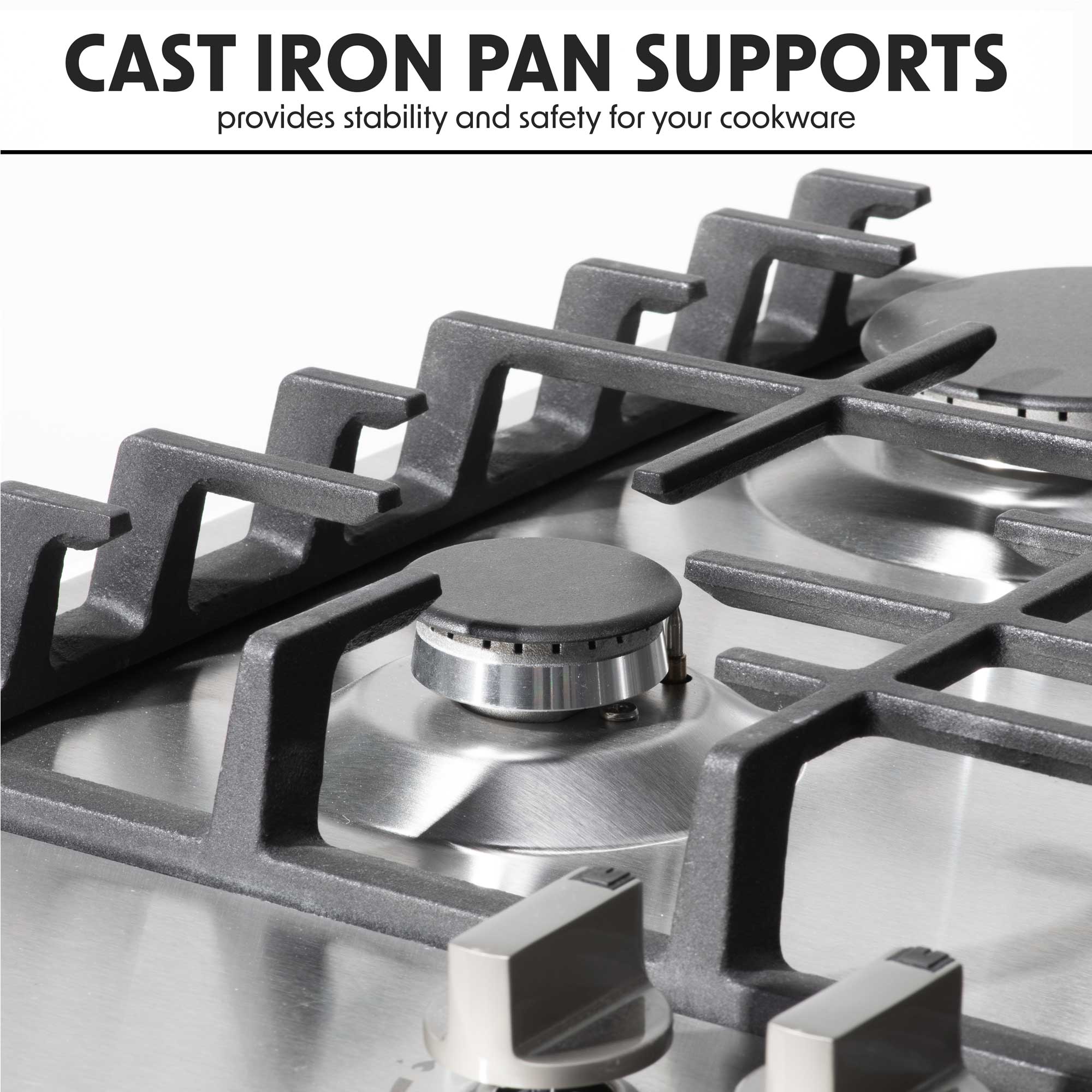 Baridi DH227 Gas Hob Action shot - cast - iron - supports - infogrpahic