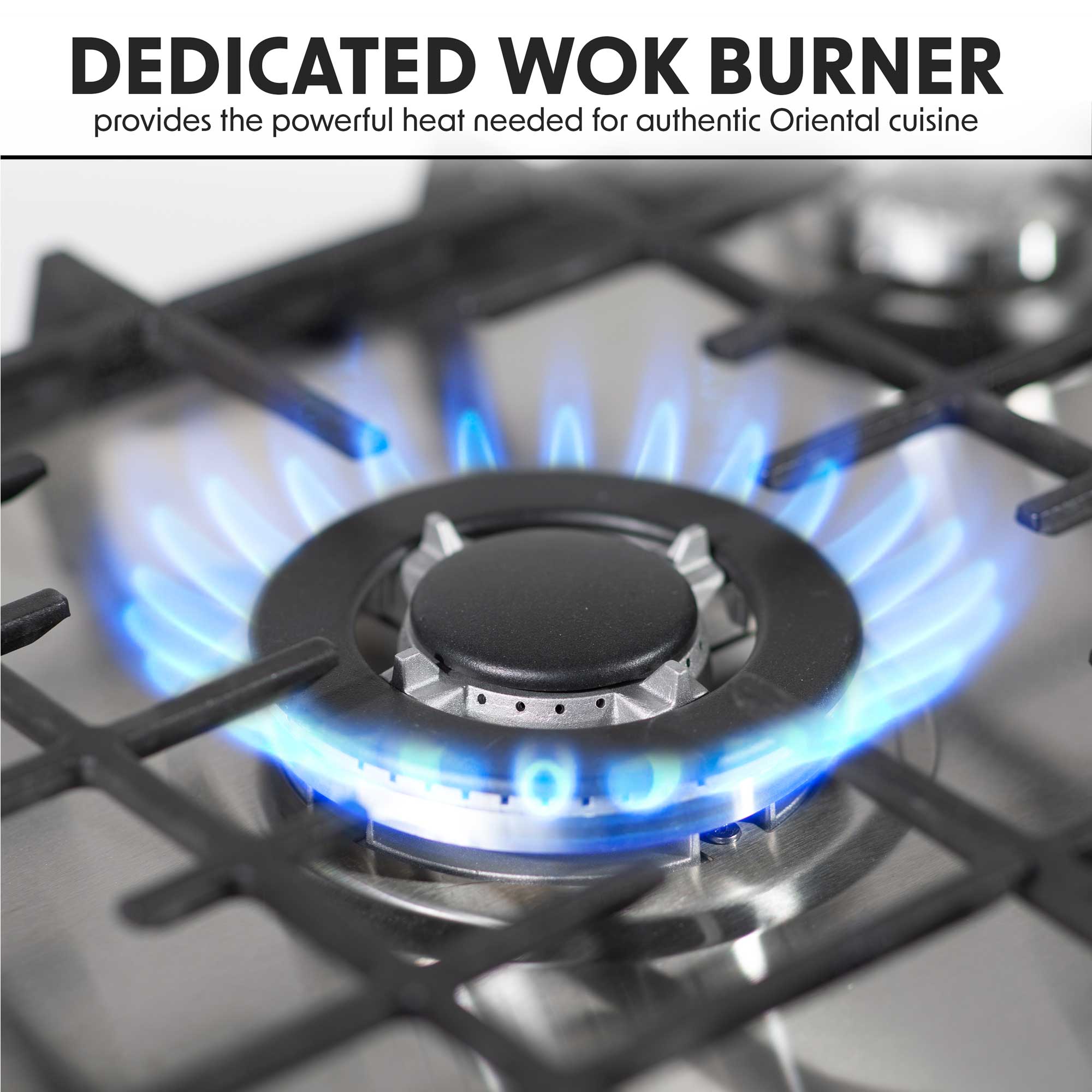 Baridi DH227 Gas Hob Action shot - wok - burner - infographic