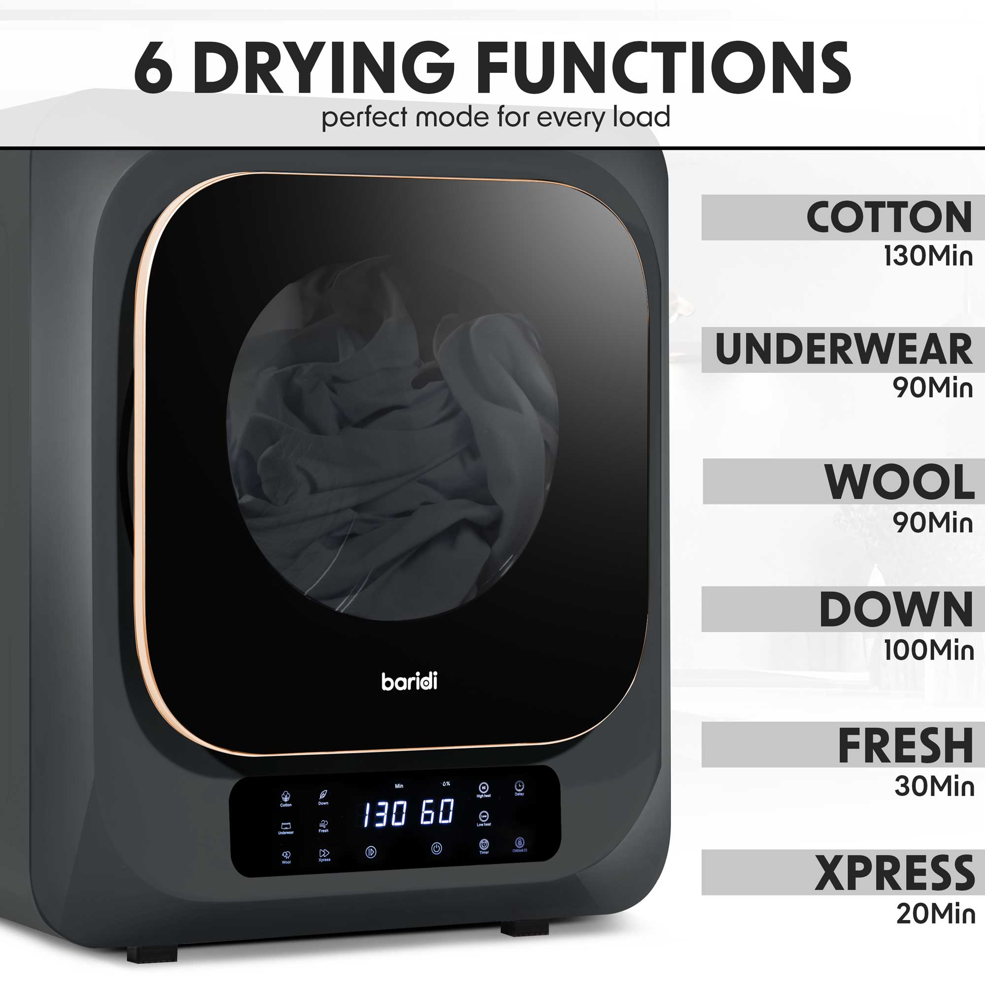 Baridi DH229 Tumble Dryers Action shot - modes - infogrpahic