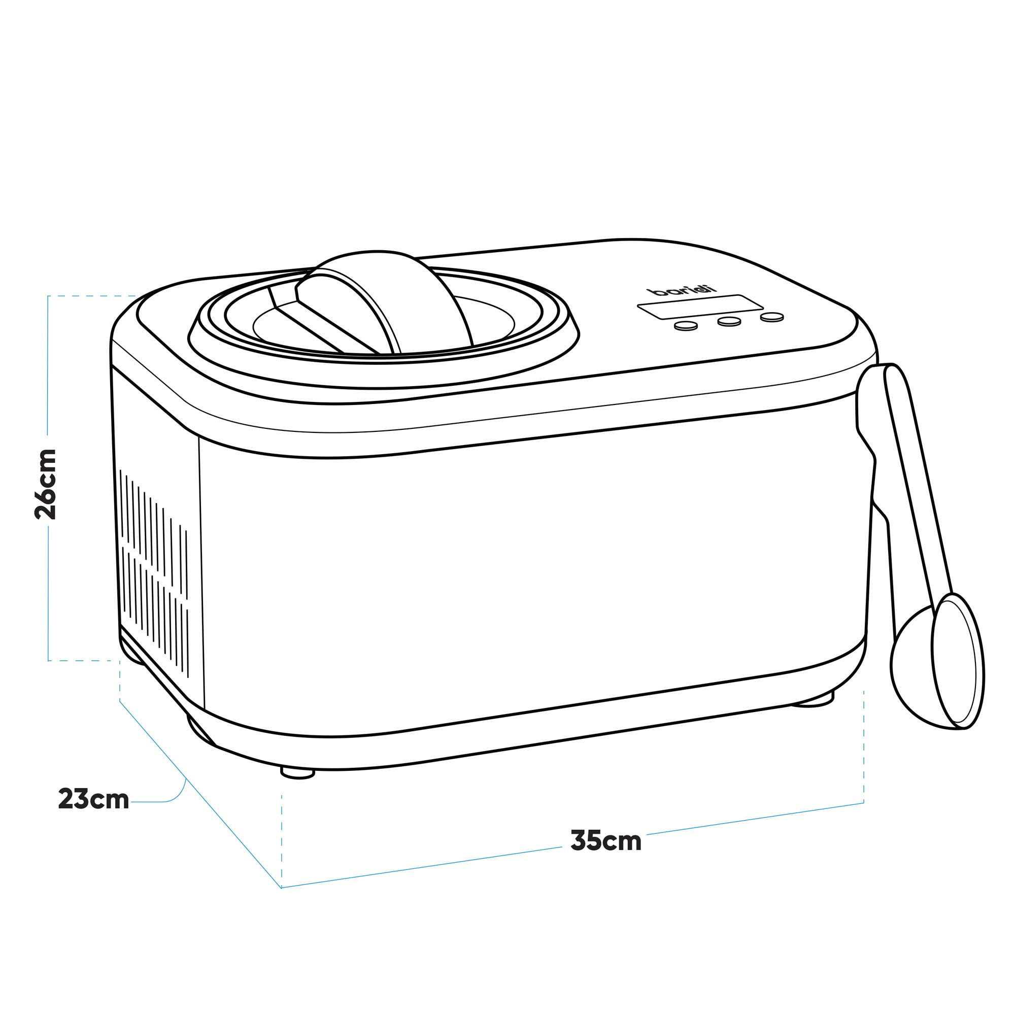 Baridi DH238 Ice Cream Maker Action shot - dimension diagram