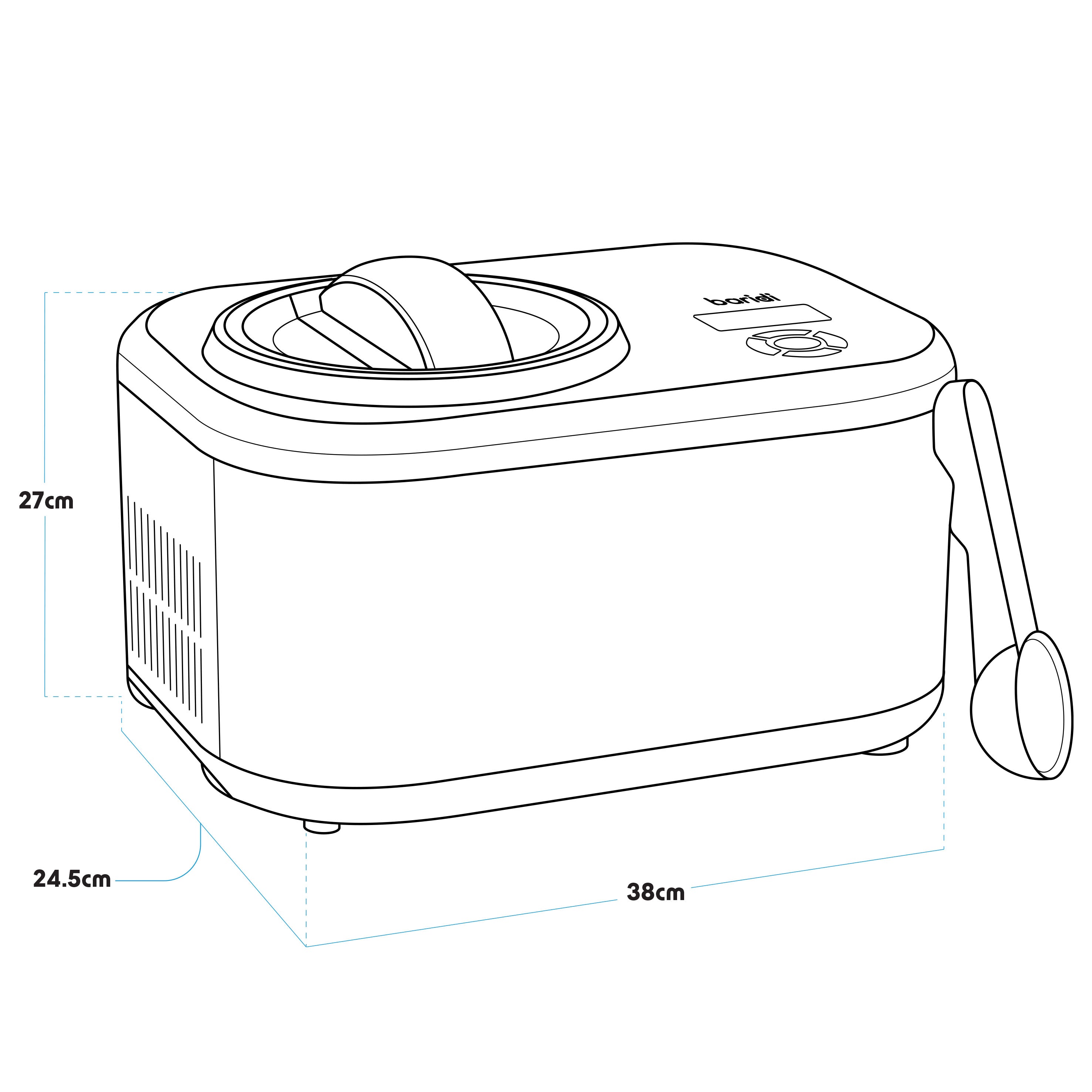 Baridi DH240 Ice Cream Maker Action shot - dimension diagram