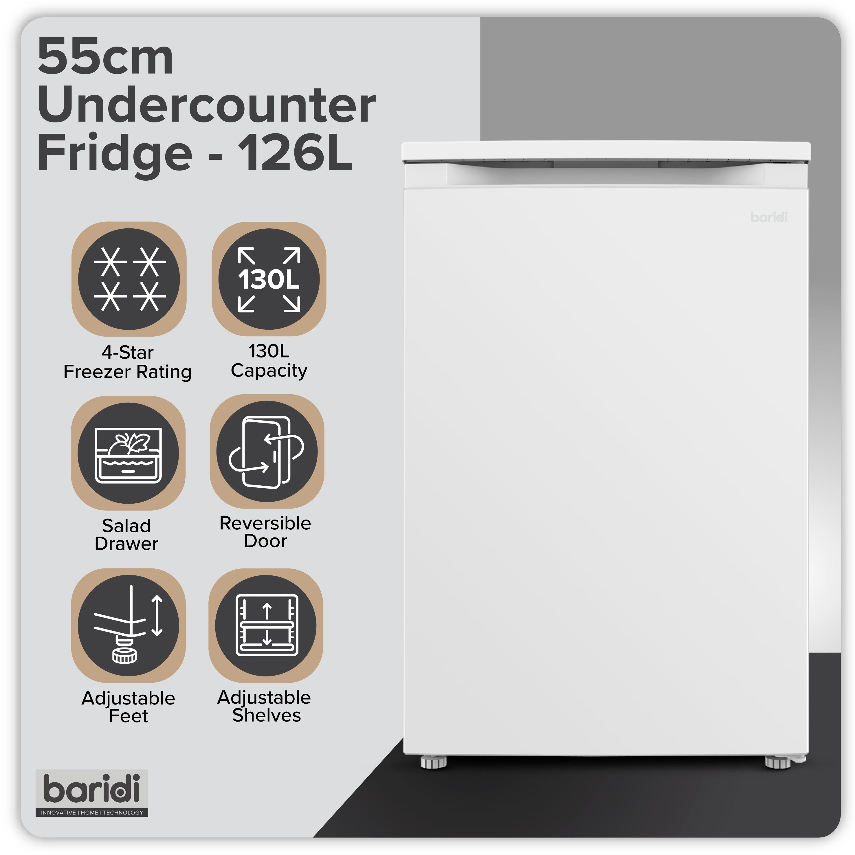 Baridi 55cm Freestanding Undercounter Larder Fridge, 126L, Reversible Door, White - DH246