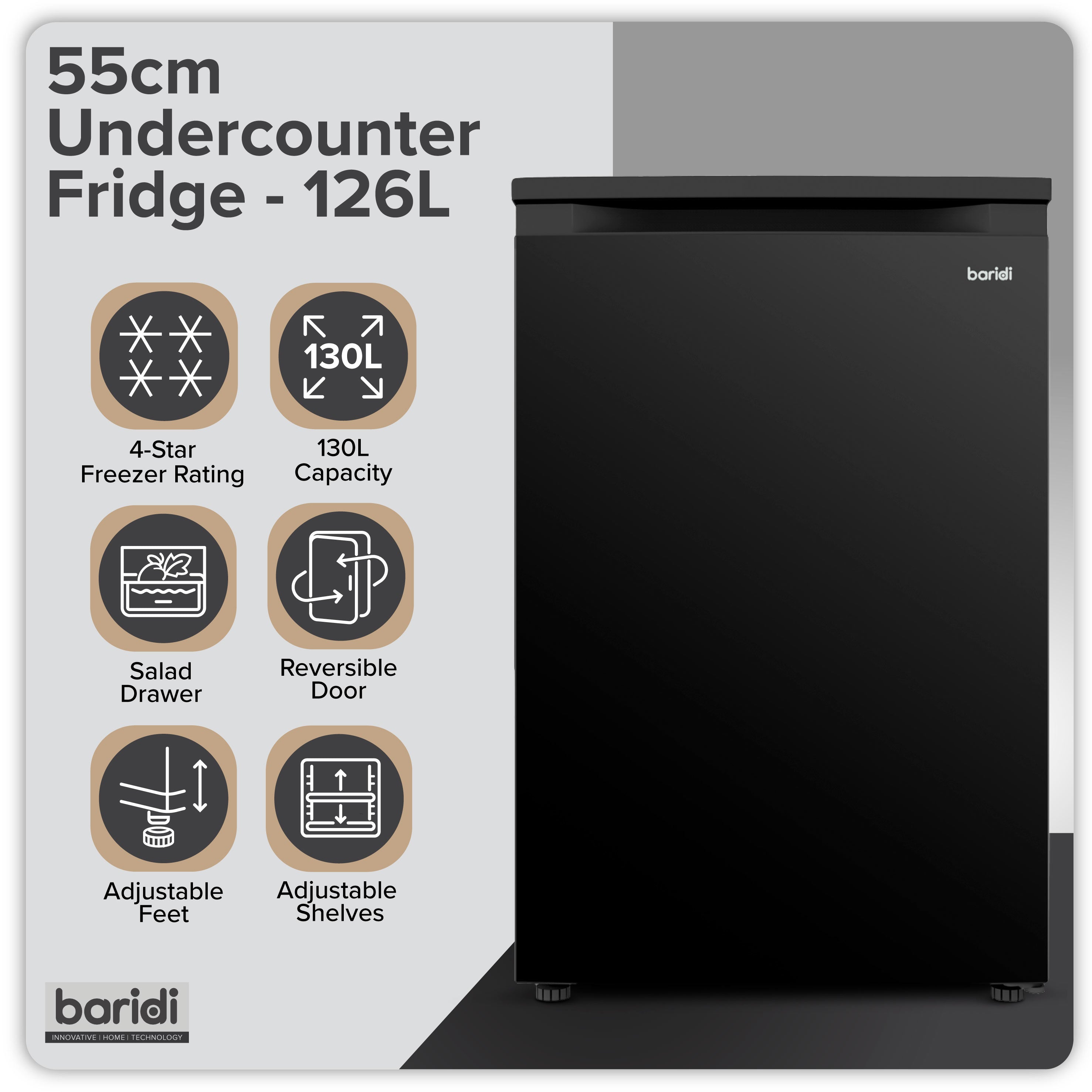Baridi 55cm Freestanding Undercounter Larder Fridge, 126L, Reversible Door, Black - DH247