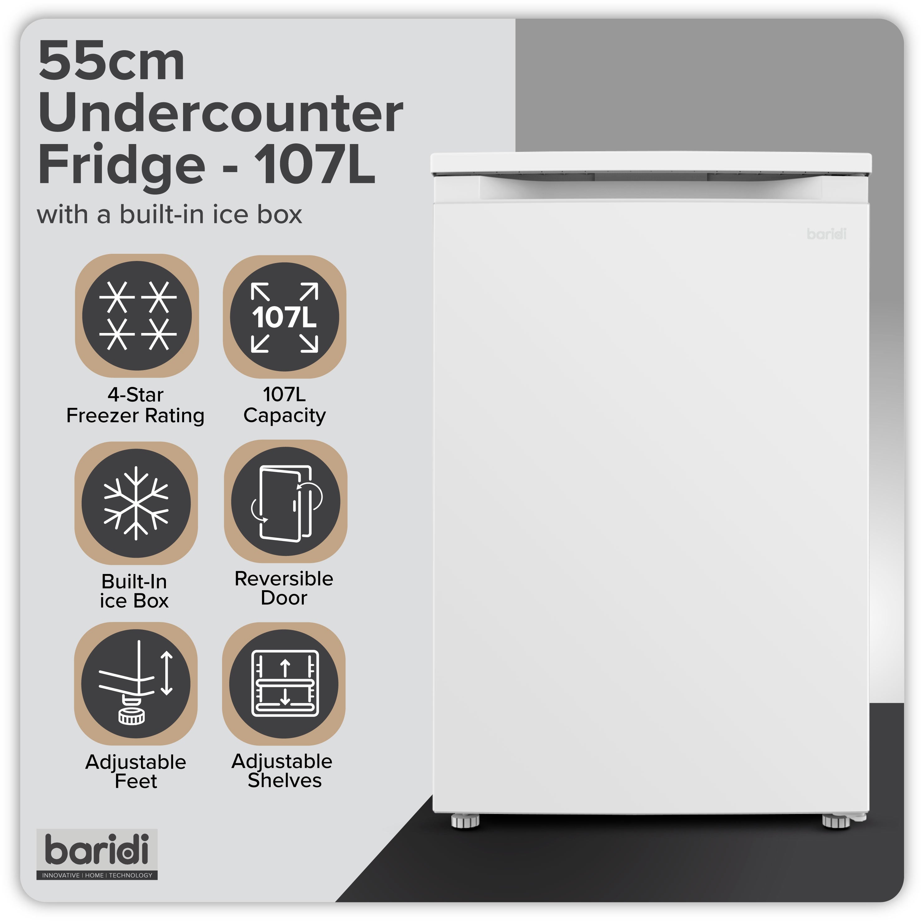 Baridi 55cm Freestanding Undercounter Fridge with Ice Box, Reversible Door, 107L Capacity, White - DH248