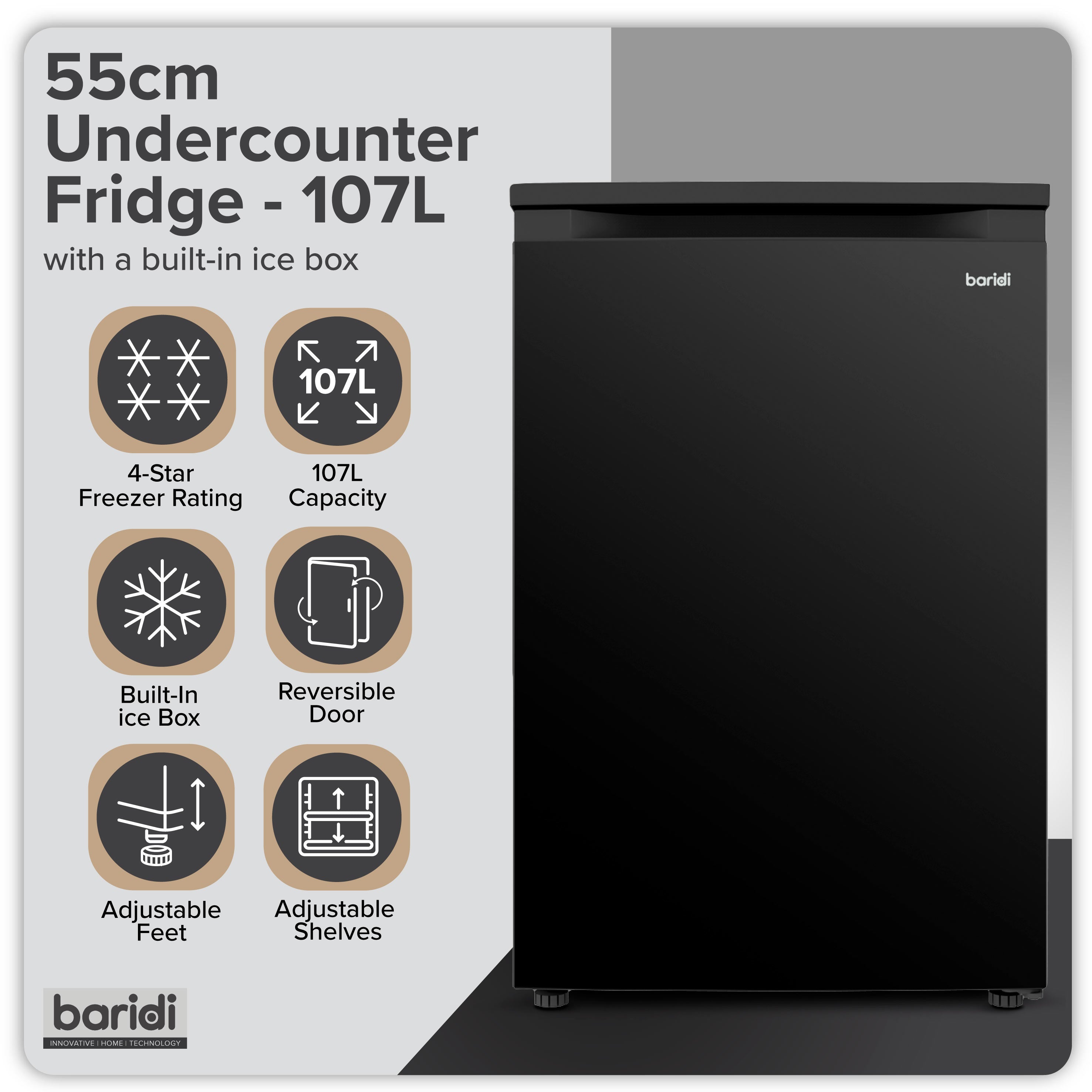 Baridi 55cm Freestanding Undercounter Fridge with Ice Box, Reversible Door, 107L Capacity, Black - DH249