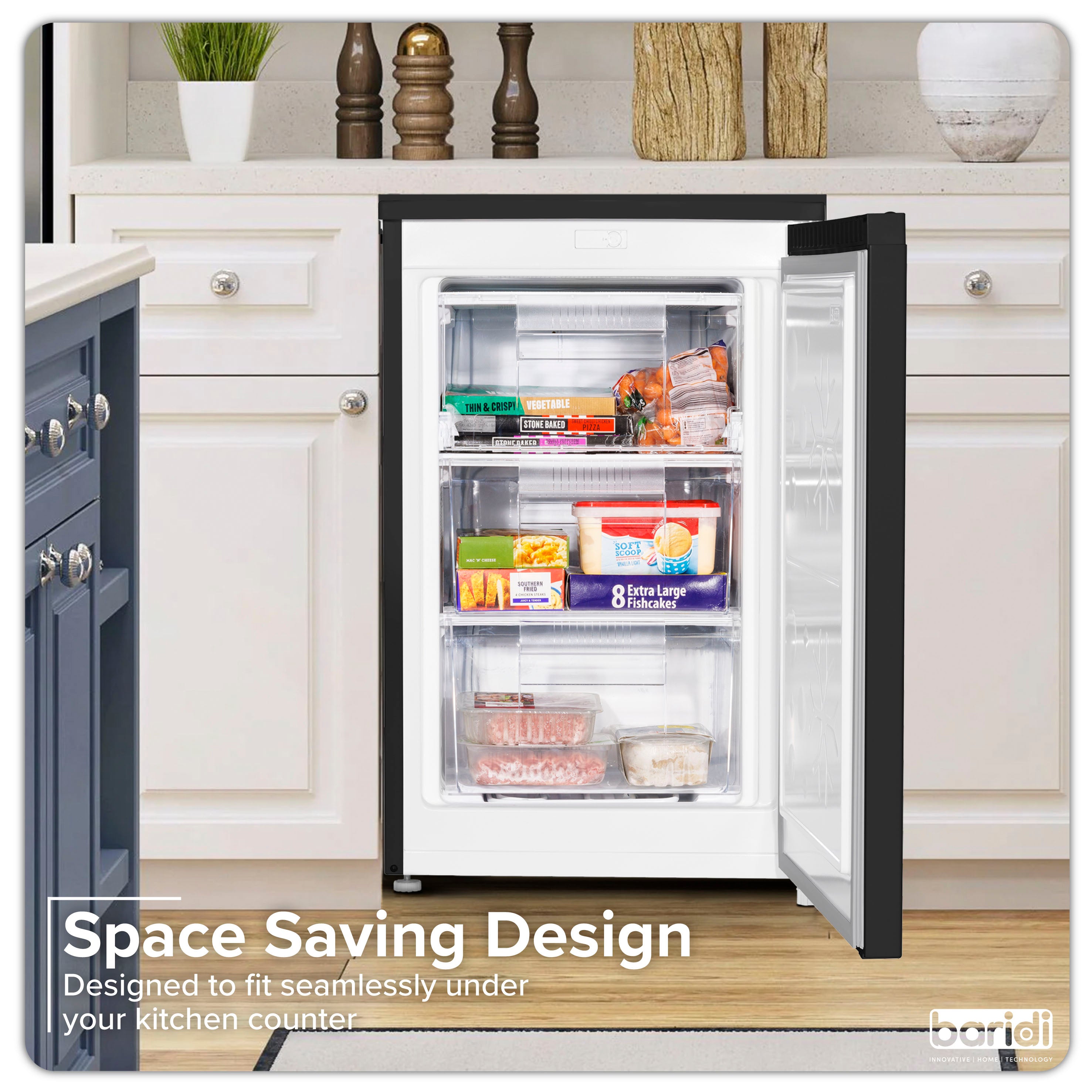 Baridi DH251 Freezer Action shot - lifestyle - infographic