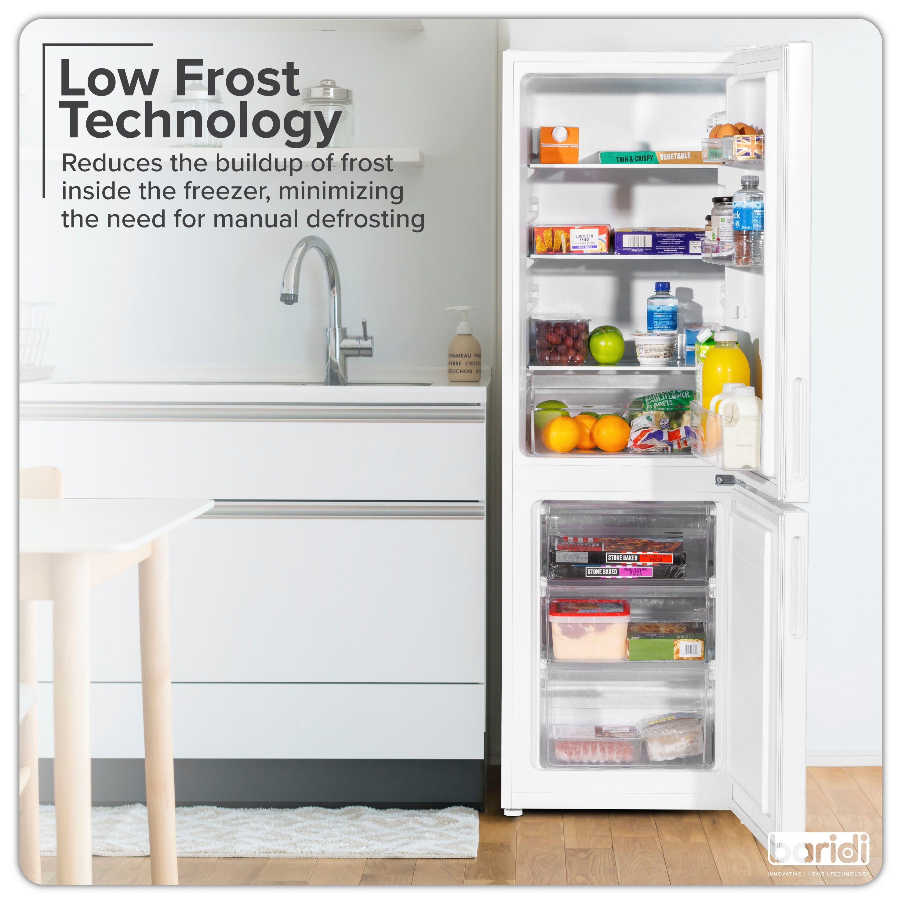 Baridi DH252 Fridge Freezer Action shot - lifestyle - infographic