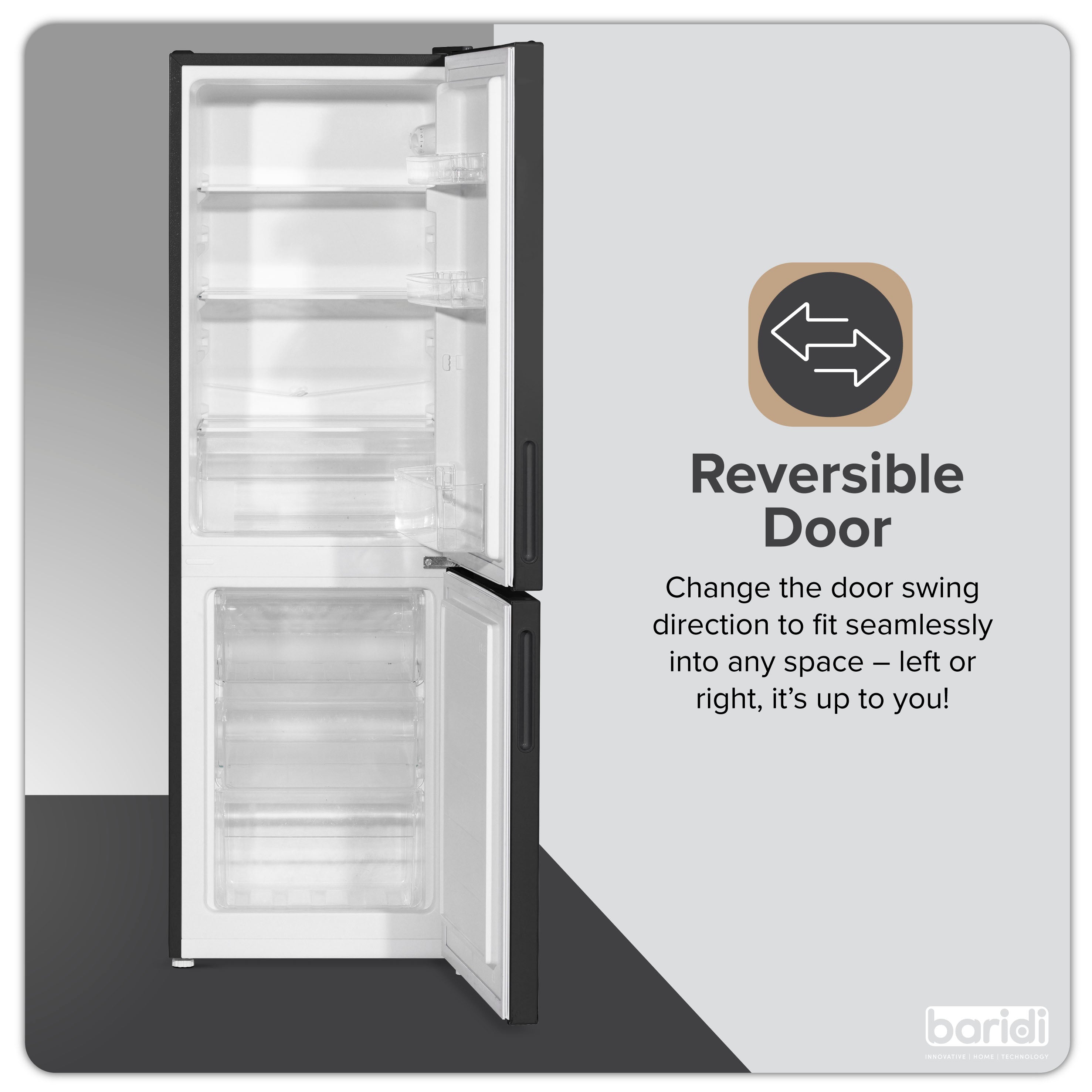 Baridi DH253 Fridge Freezer Action shot - infographic - summary - 3rd perspective