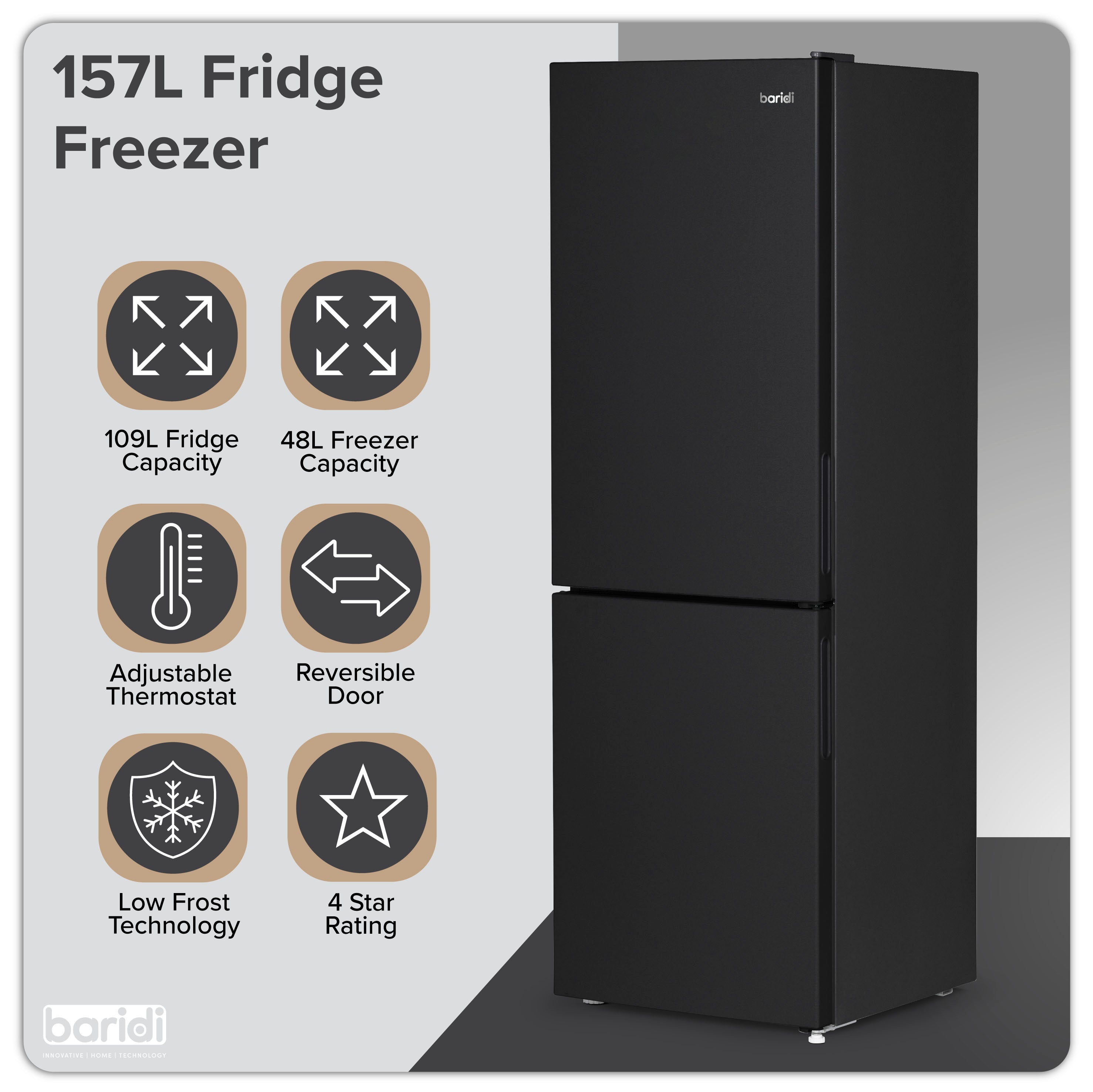 Baridi DH253 Fridge Freezer Action shot - infographic - summary