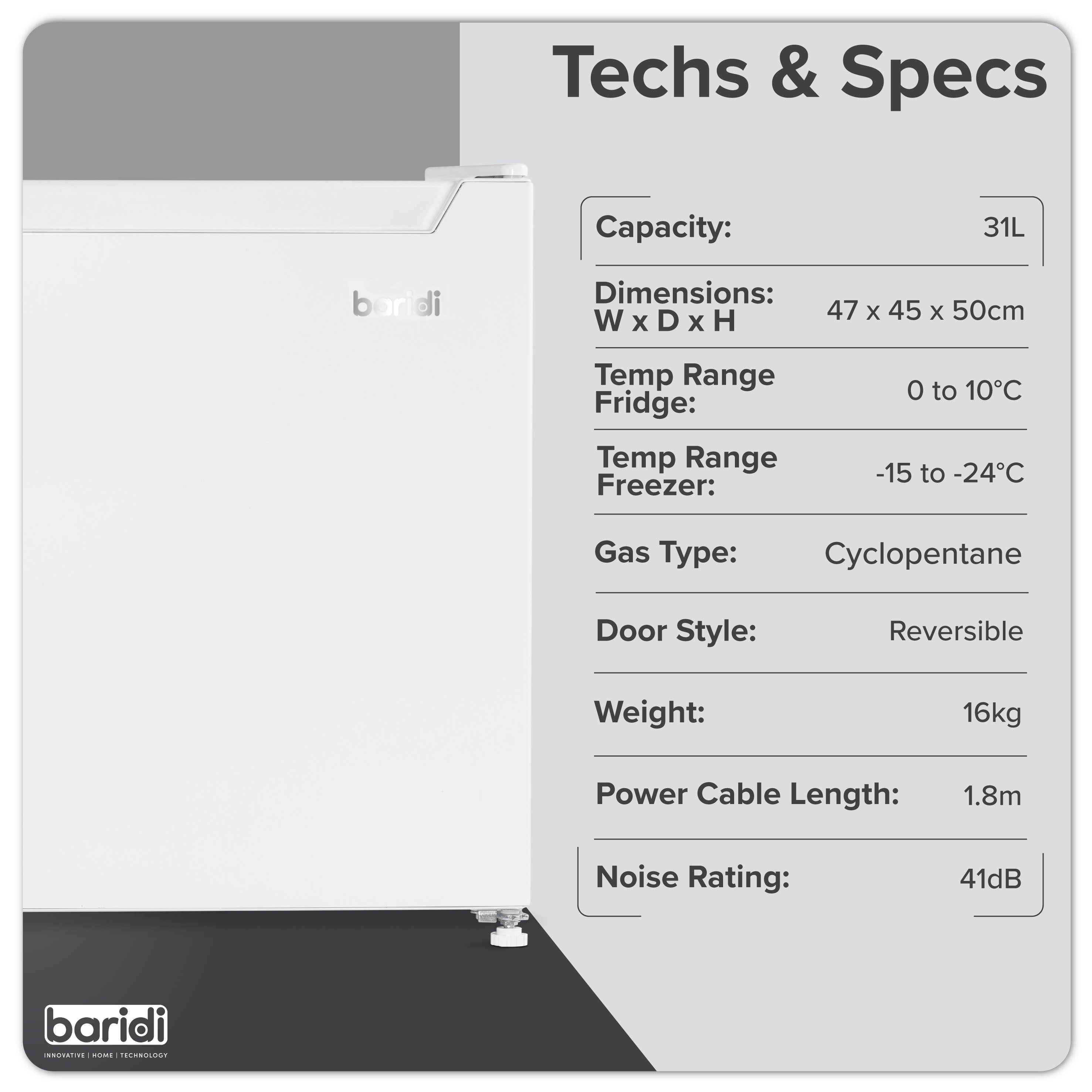 Baridi DH254 Fridge Freezer Action shot - tech - specs