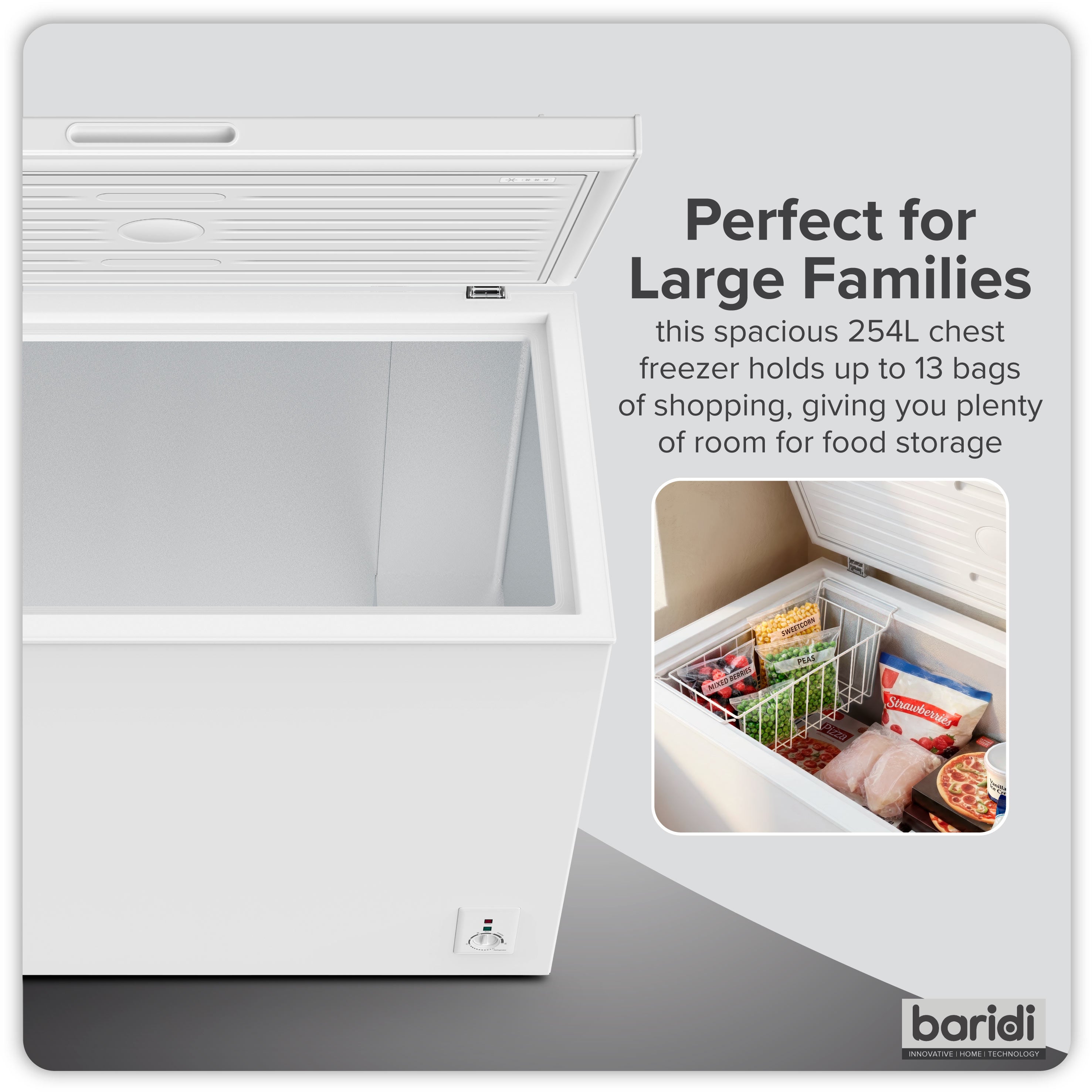 Baridi 254L Freestanding Chest Freezer with Adjustable Thermostat - White - DH258