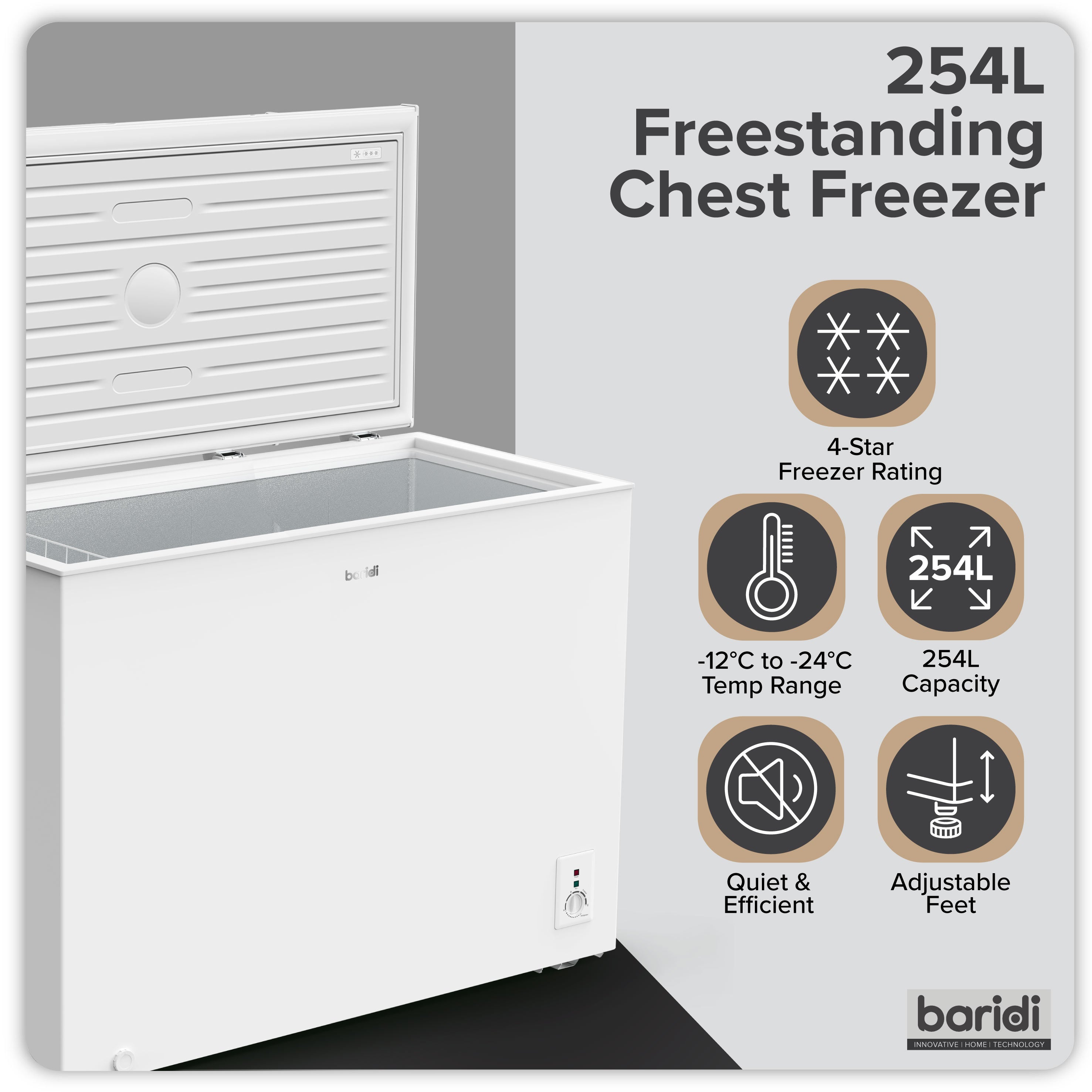 Baridi 254L Freestanding Chest Freezer with Adjustable Thermostat - White - DH258
