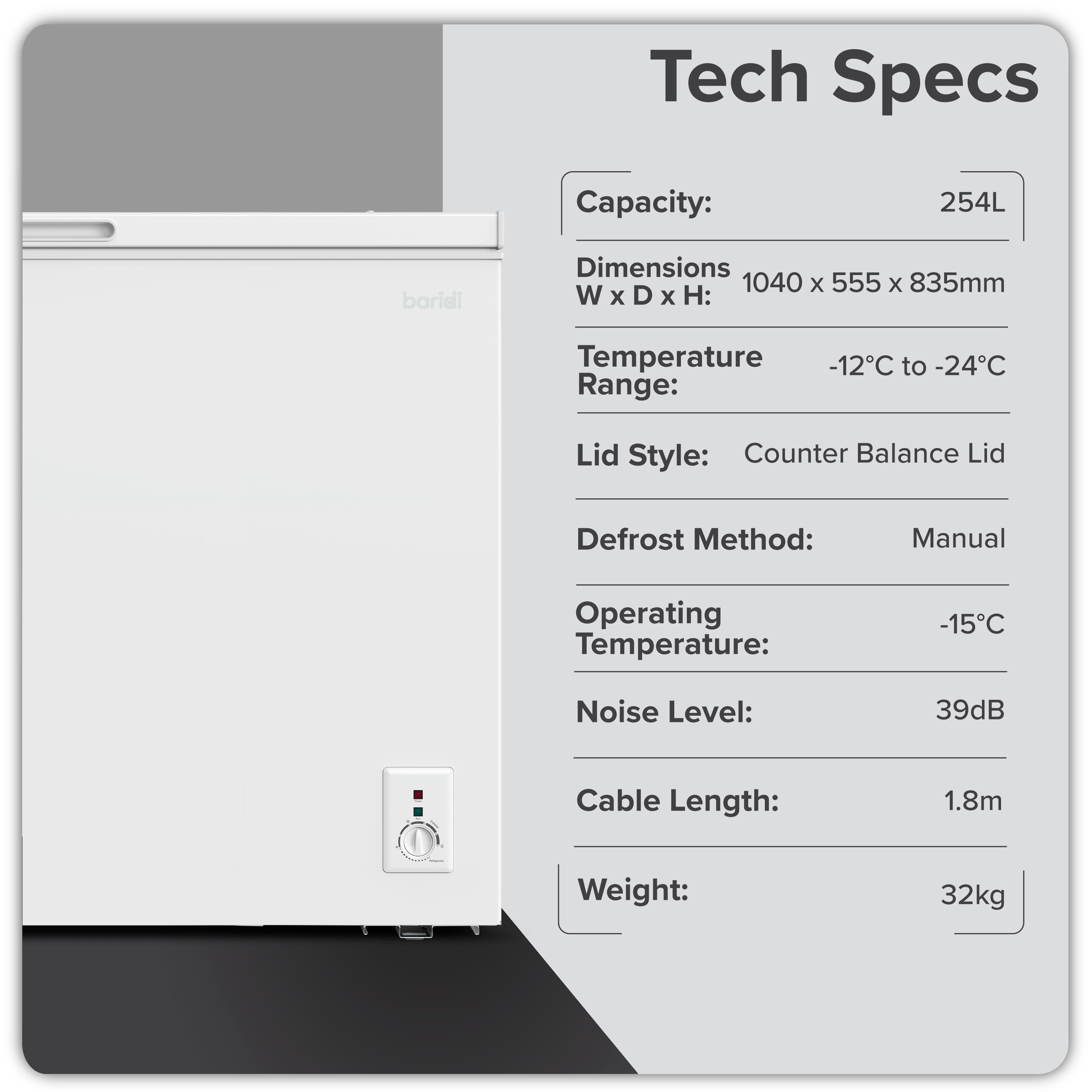 Baridi 254L Freestanding Chest Freezer with Adjustable Thermostat - White - DH258