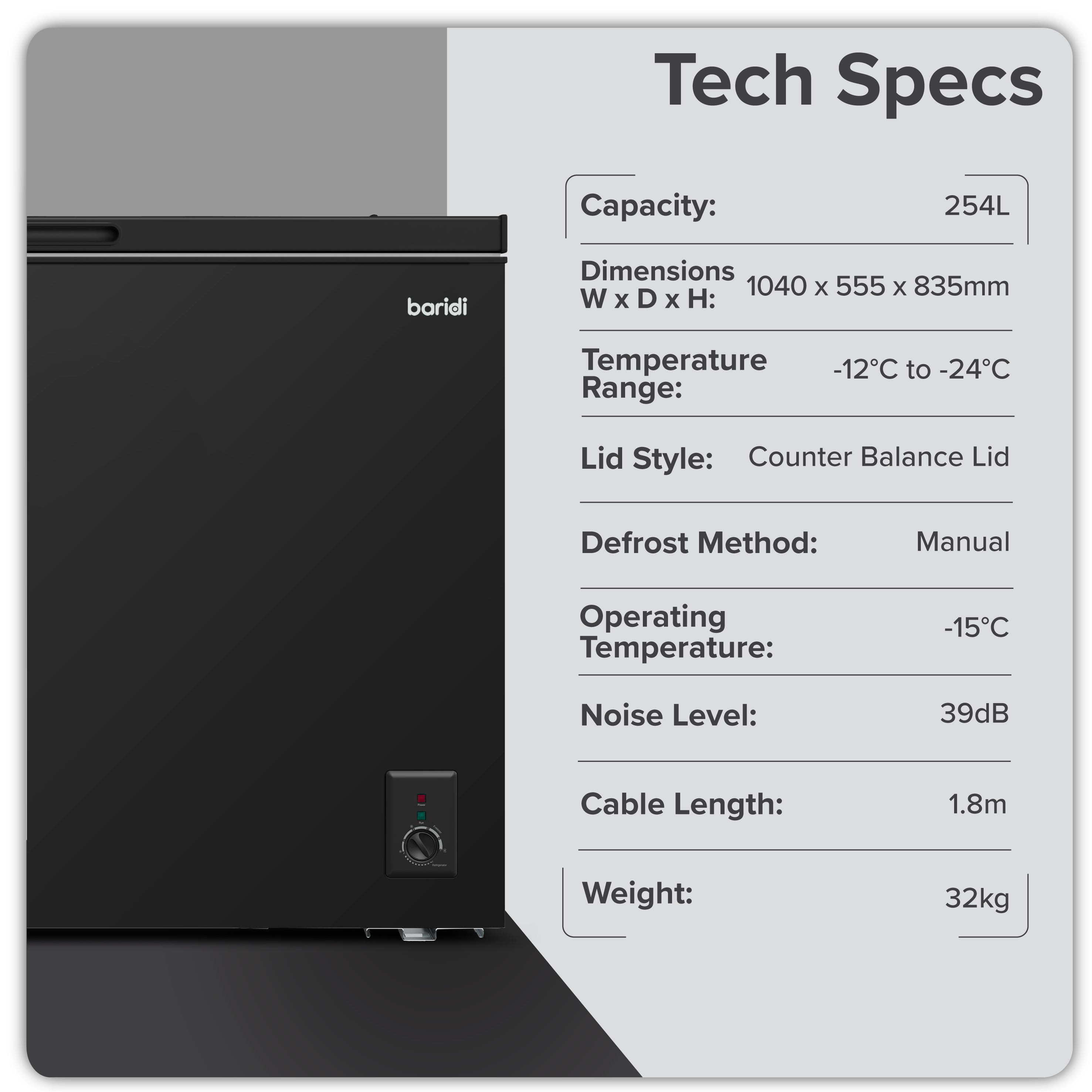 Baridi 254L Freestanding Chest Freezer with Adjustable Thermostat - Black- DH259