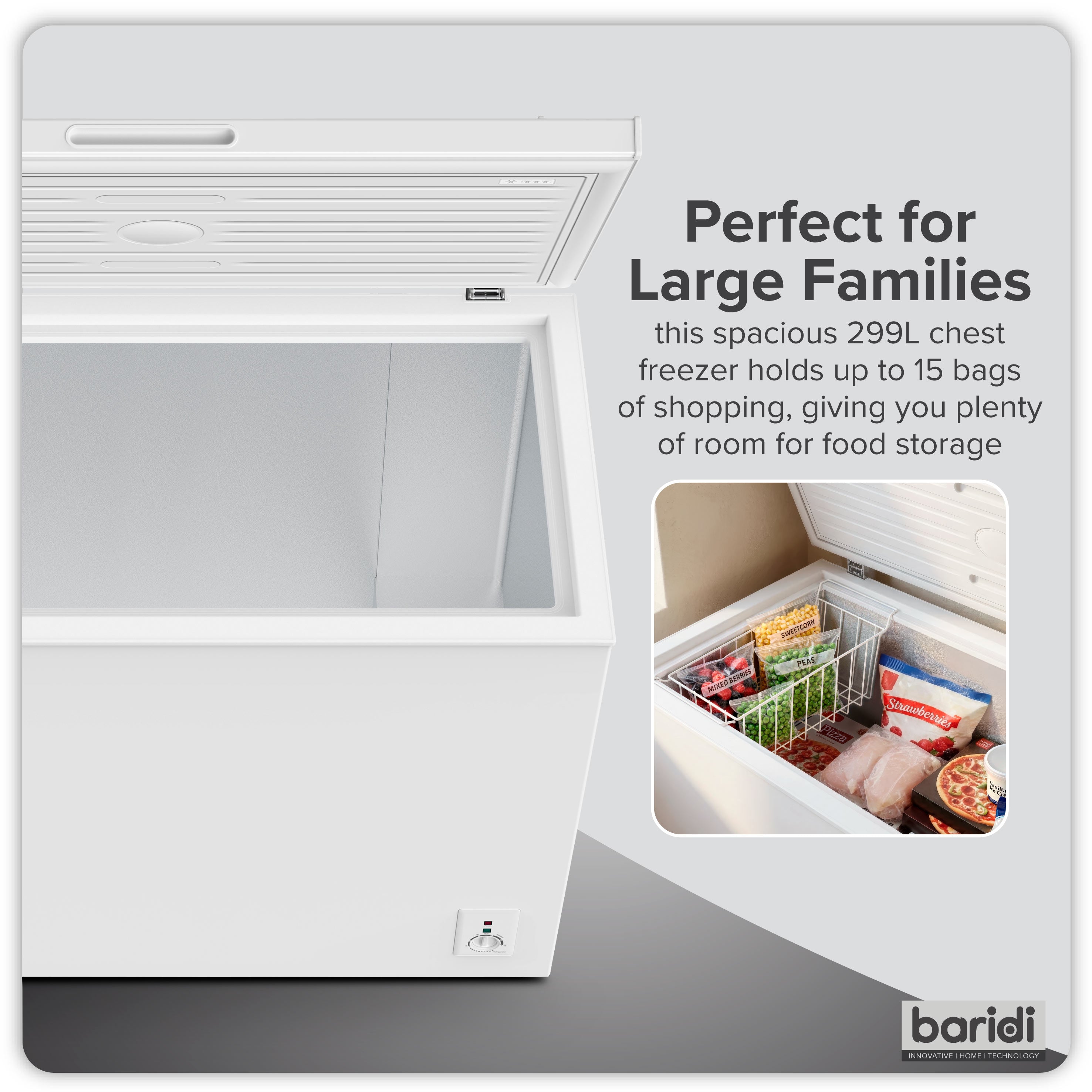 Baridi 299L Freestanding Chest Freezer with Adjustable Thermostat, White - DH260