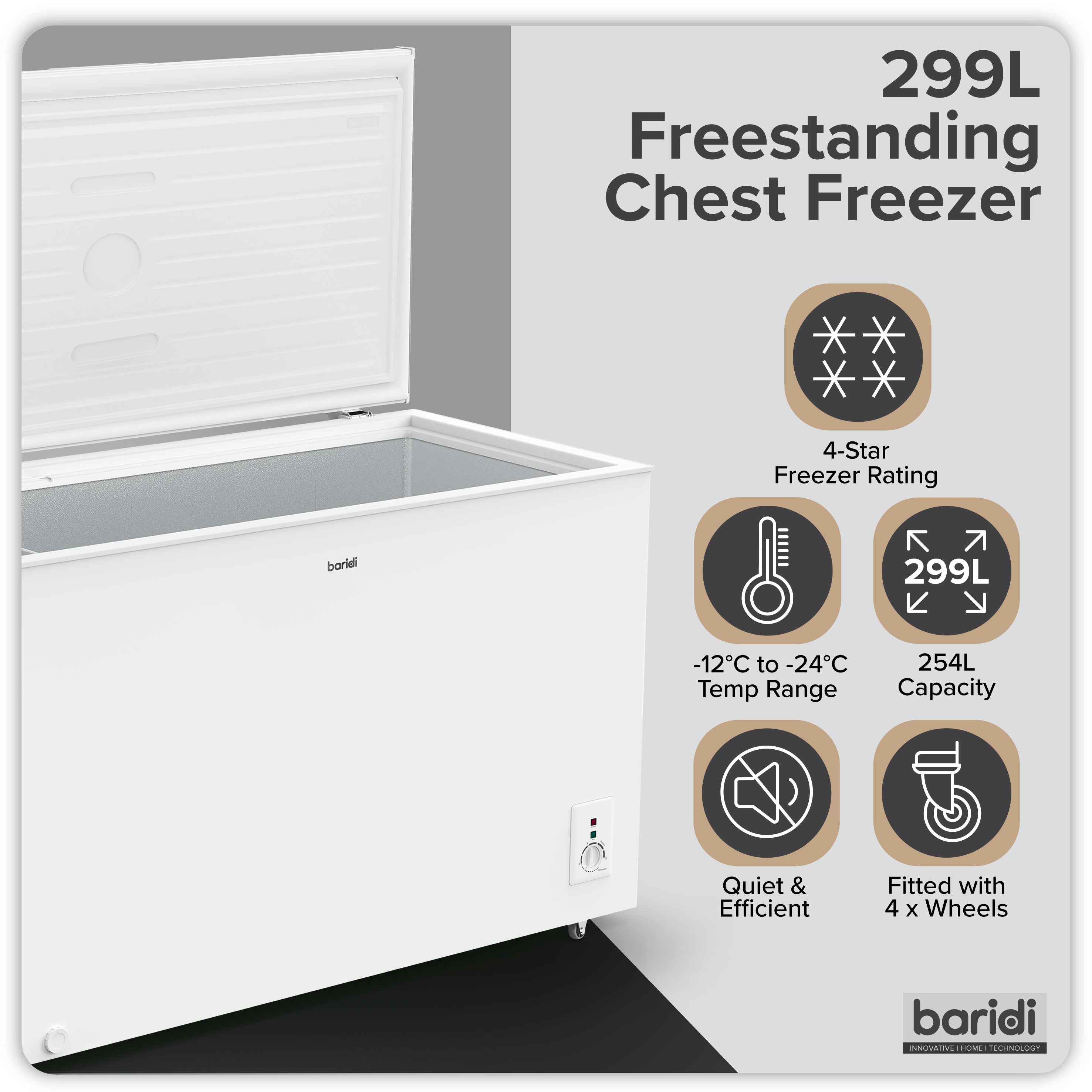 Baridi 299L Freestanding Chest Freezer with Adjustable Thermostat - White - DH260