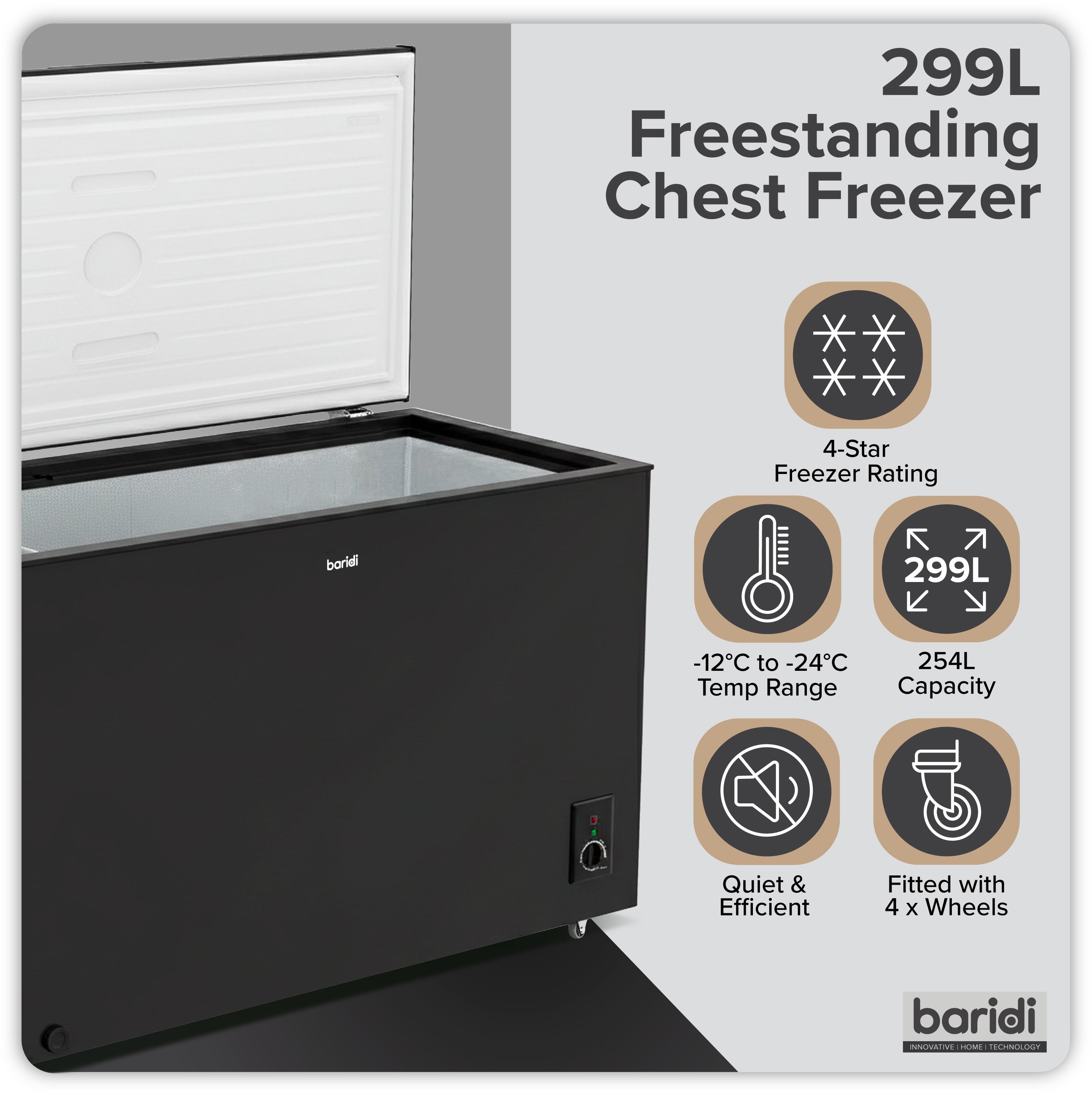 Baridi 299L Freestanding Chest Freezer with Adjustable Thermostat - Black - DH261