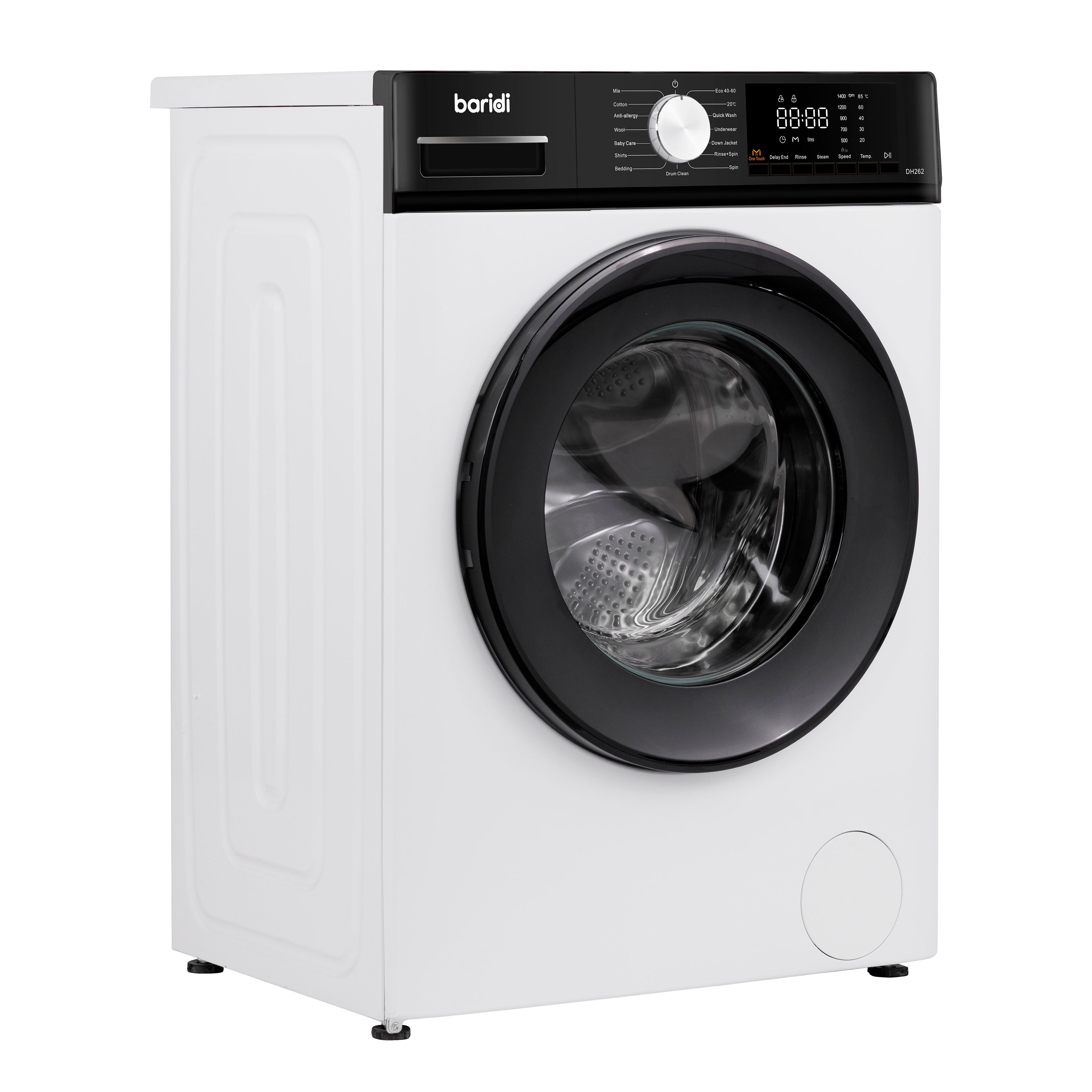 Baridi 8kg Washing Machine, Front Loading, 1400rpm, 15 Programmes, BLDC Motor, White/Black – DH262