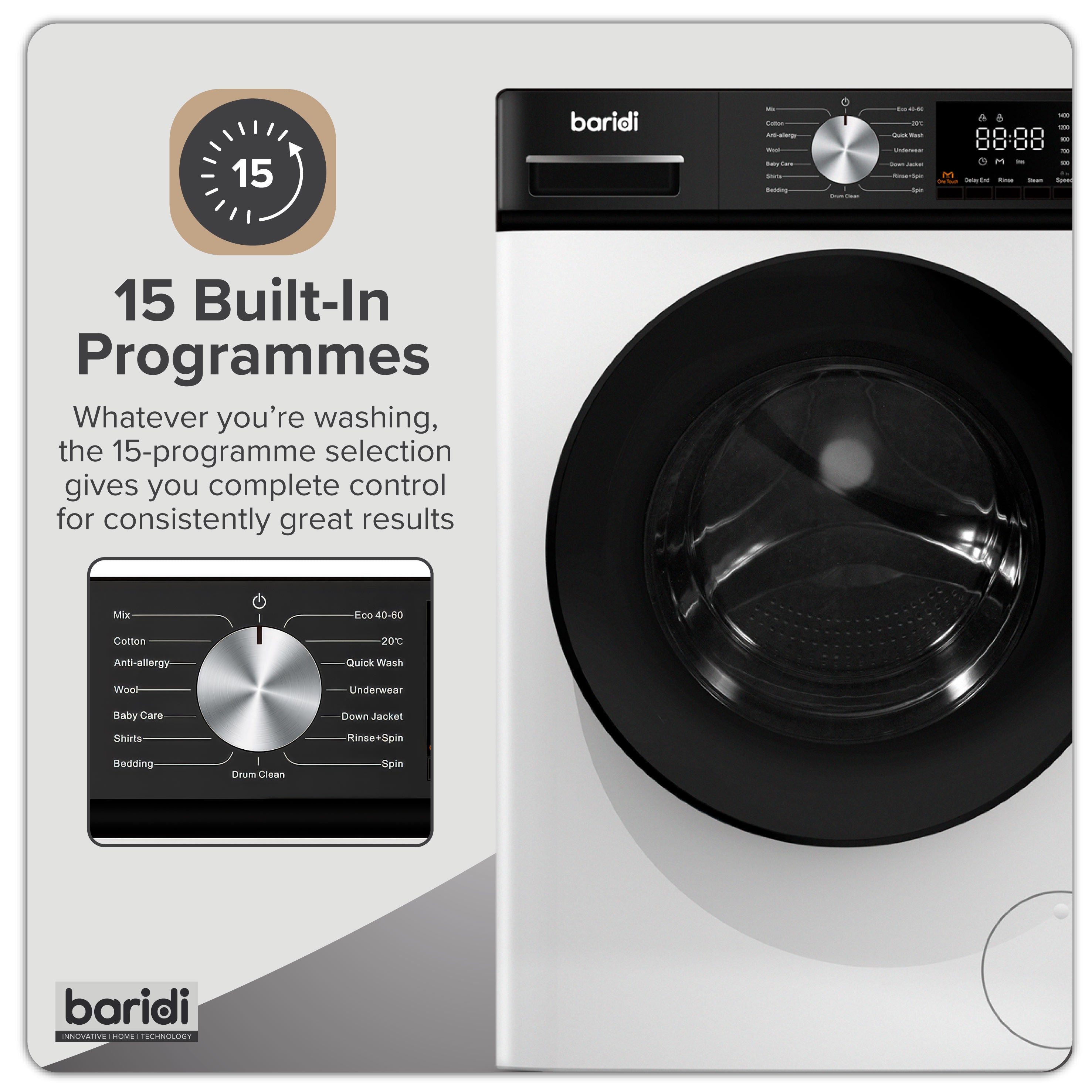 Baridi 8kg Washing Machine, Front Loading, 1400rpm, 15 Programmes, BLDC Motor, White/Black – DH262