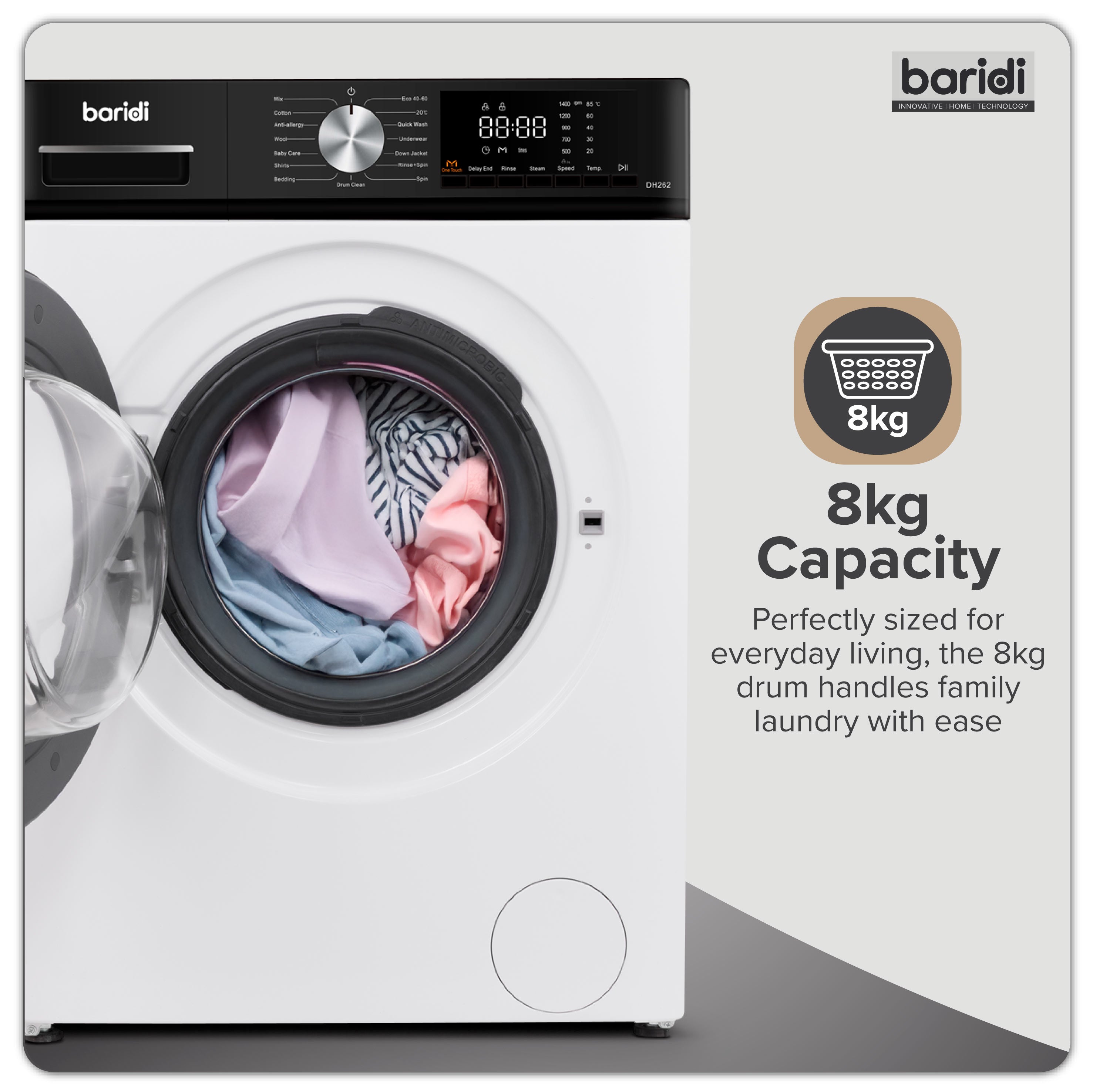 Baridi 8kg Washing Machine, Front Loading, 1400rpm, 15 Programmes, BLDC Motor, White/Black – DH262