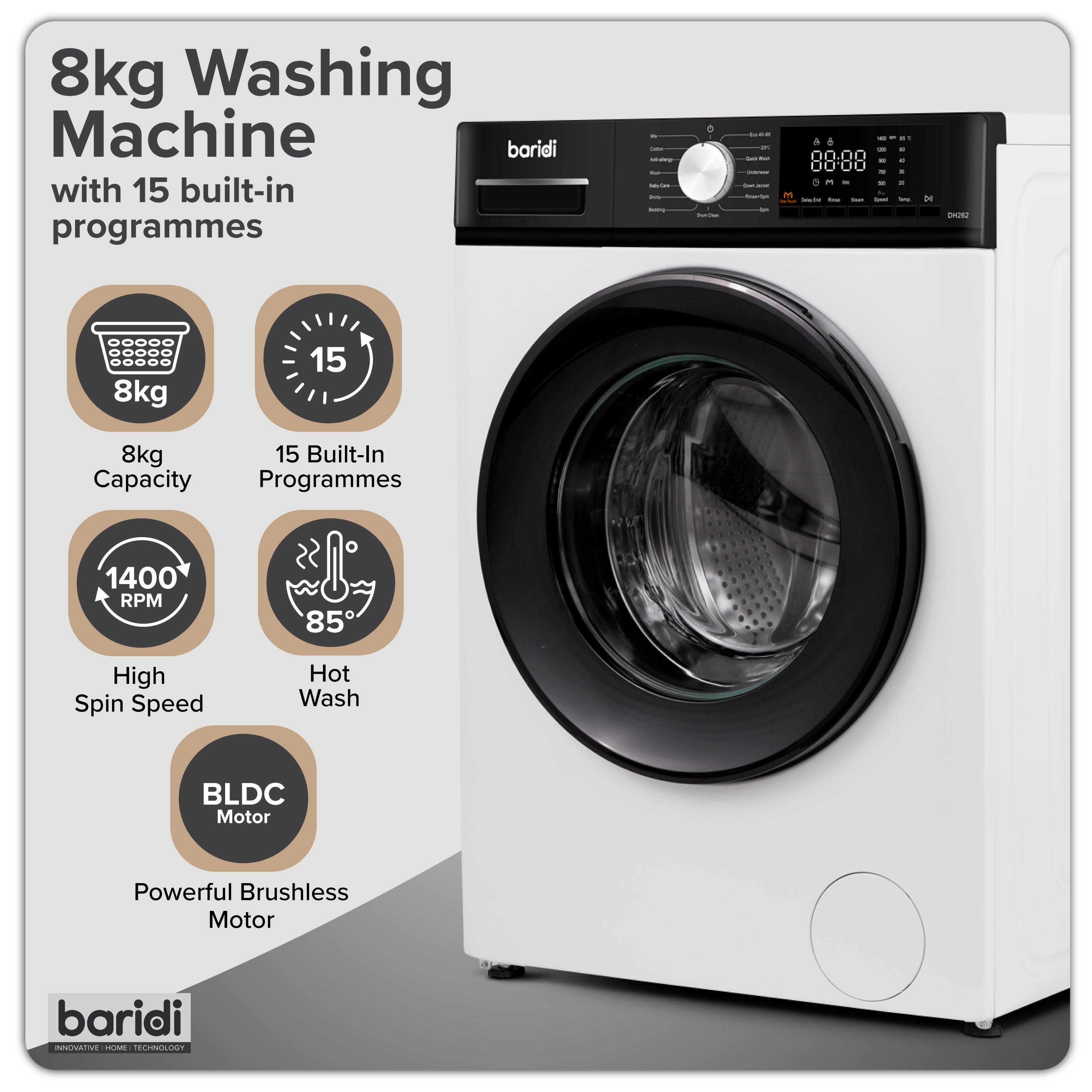 Baridi 8kg Washing Machine, Front Loading, 1400rpm, 15 Programmes, BLDC Motor, White/Black – DH262