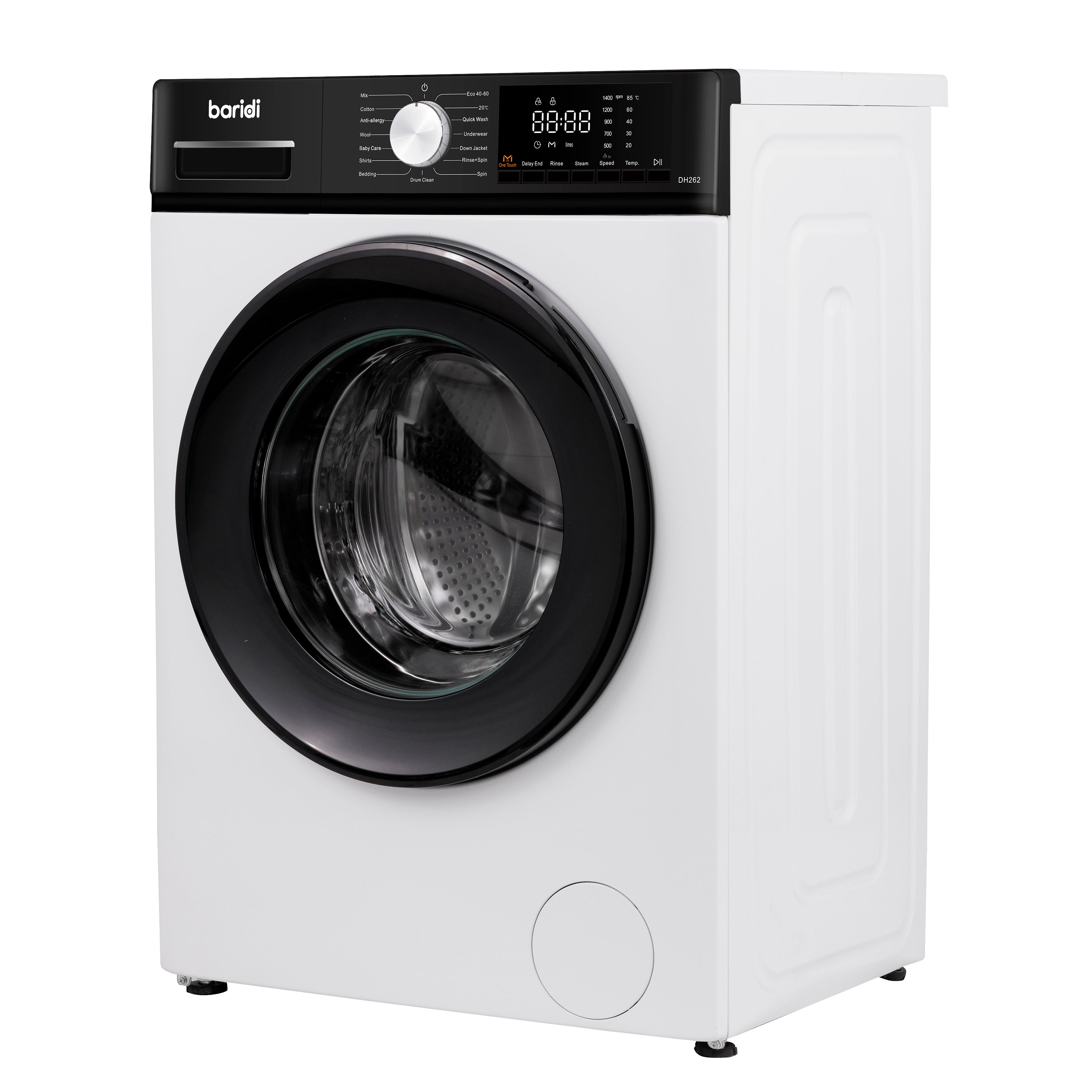 Baridi 8kg Washing Machine, Front Loading, 1400rpm, 15 Programmes, BLDC Motor, White/Black – DH262
