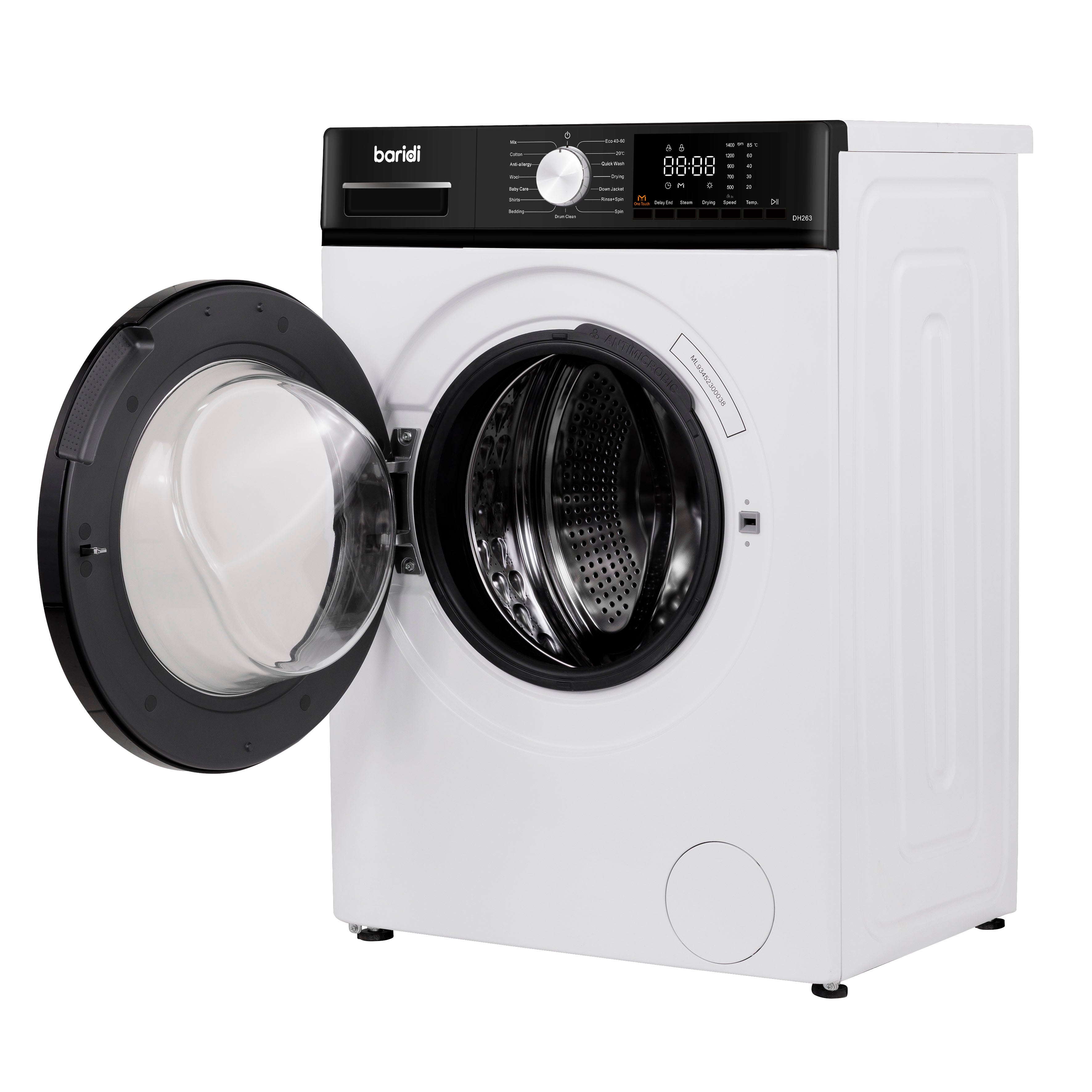 Baridi 8kg Washing Machine, Front Loading, 1400rpm, 15 Programmes, BLDC Motor, White/Black – DH262