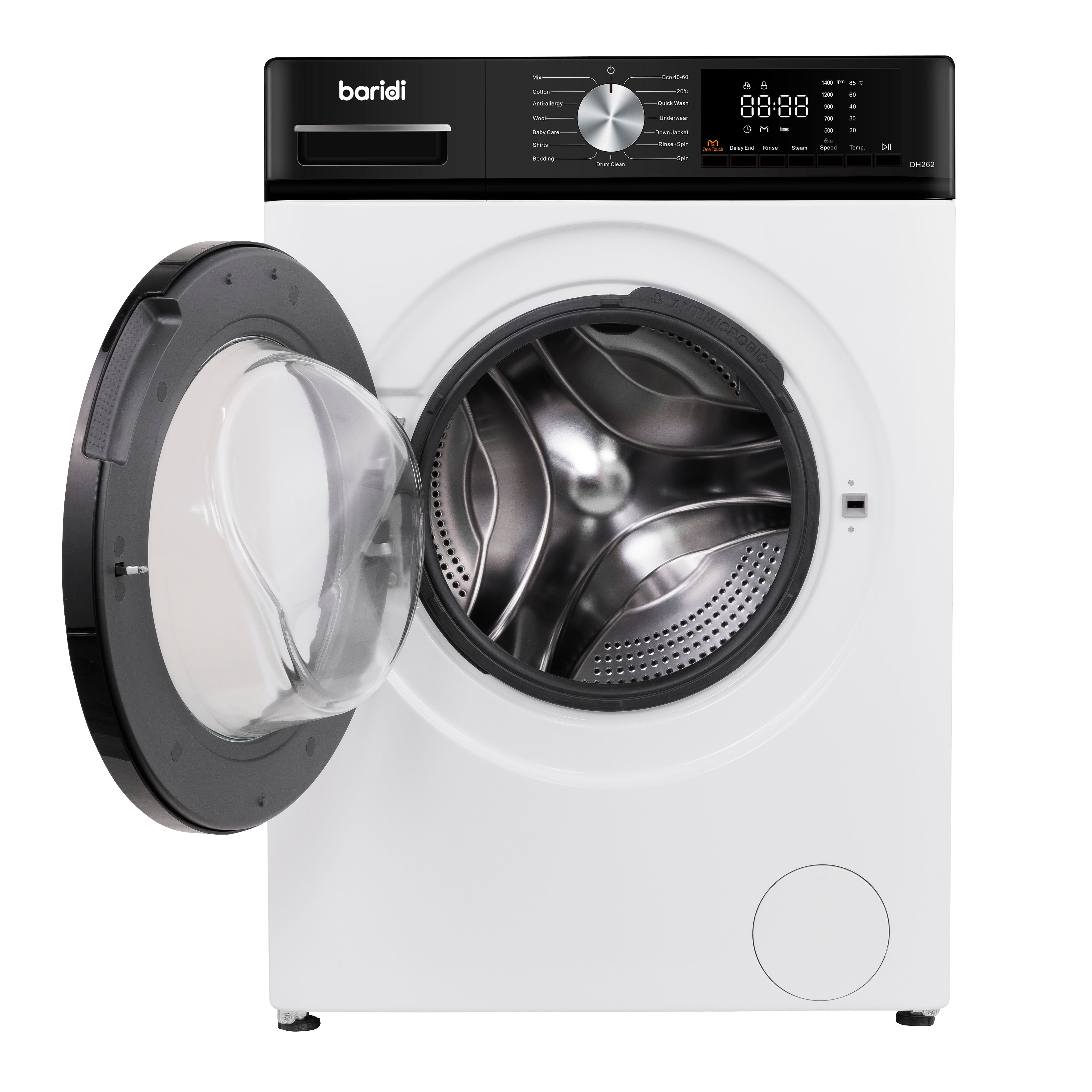 Baridi 8kg Washing Machine, Front Loading, 1400rpm, 15 Programmes, BLDC Motor, White/Black – DH262