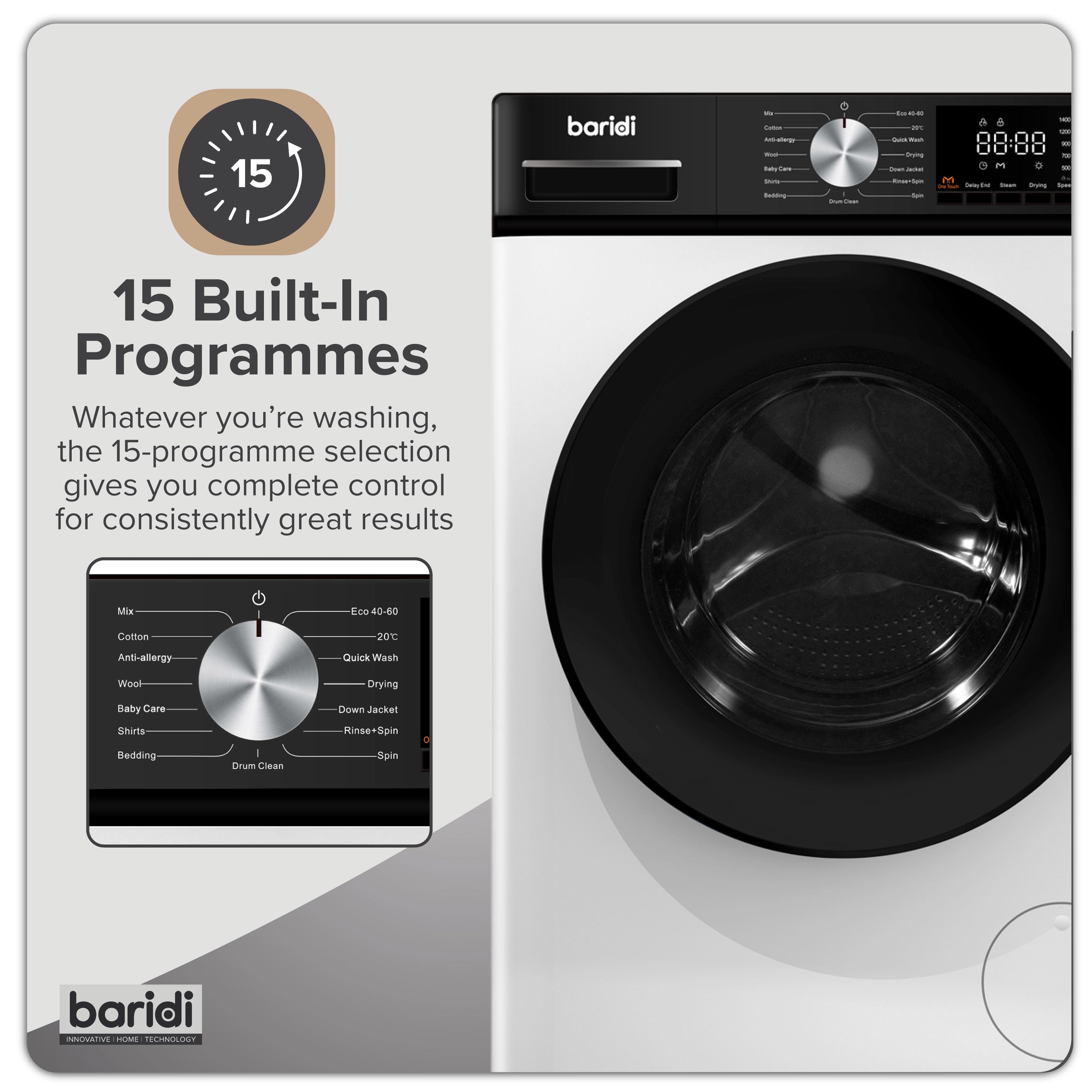 Baridi 8/5kg Washer Dryer, Front Loading, 1400rpm, 15 Programmes, BLDC Motor, White/Black – DH263
