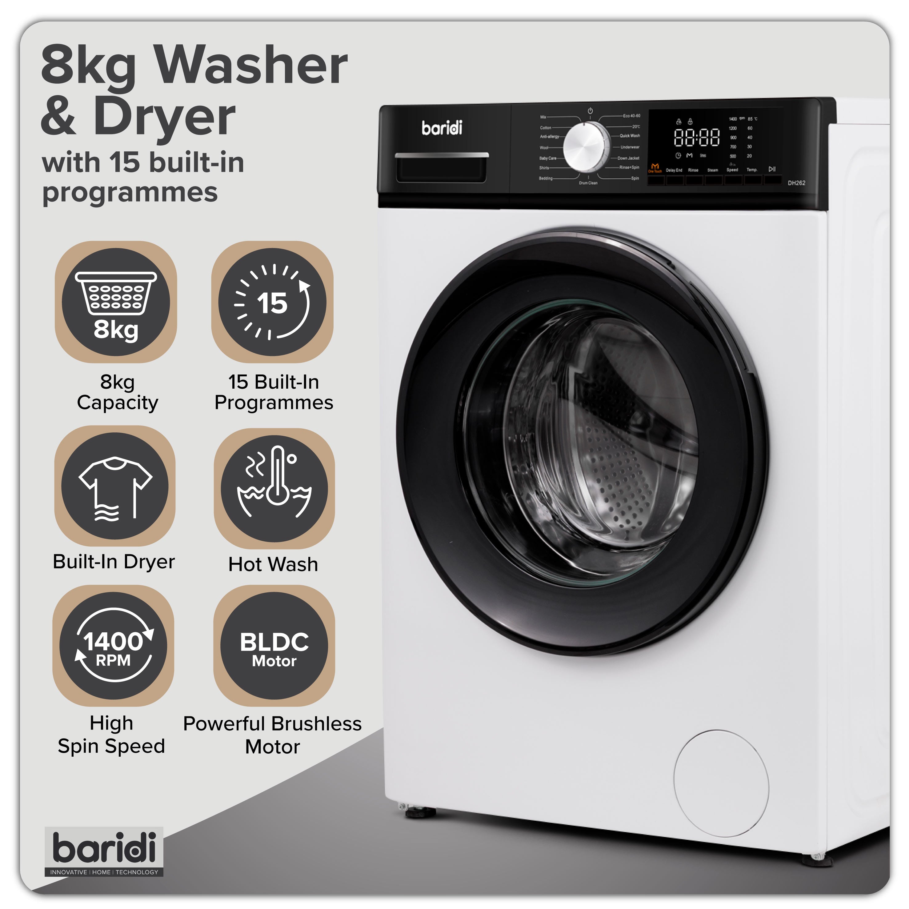 Baridi 8/5kg Washer Dryer, Front Loading, 1400rpm, 15 Programmes, BLDC Motor, White/Black – DH263