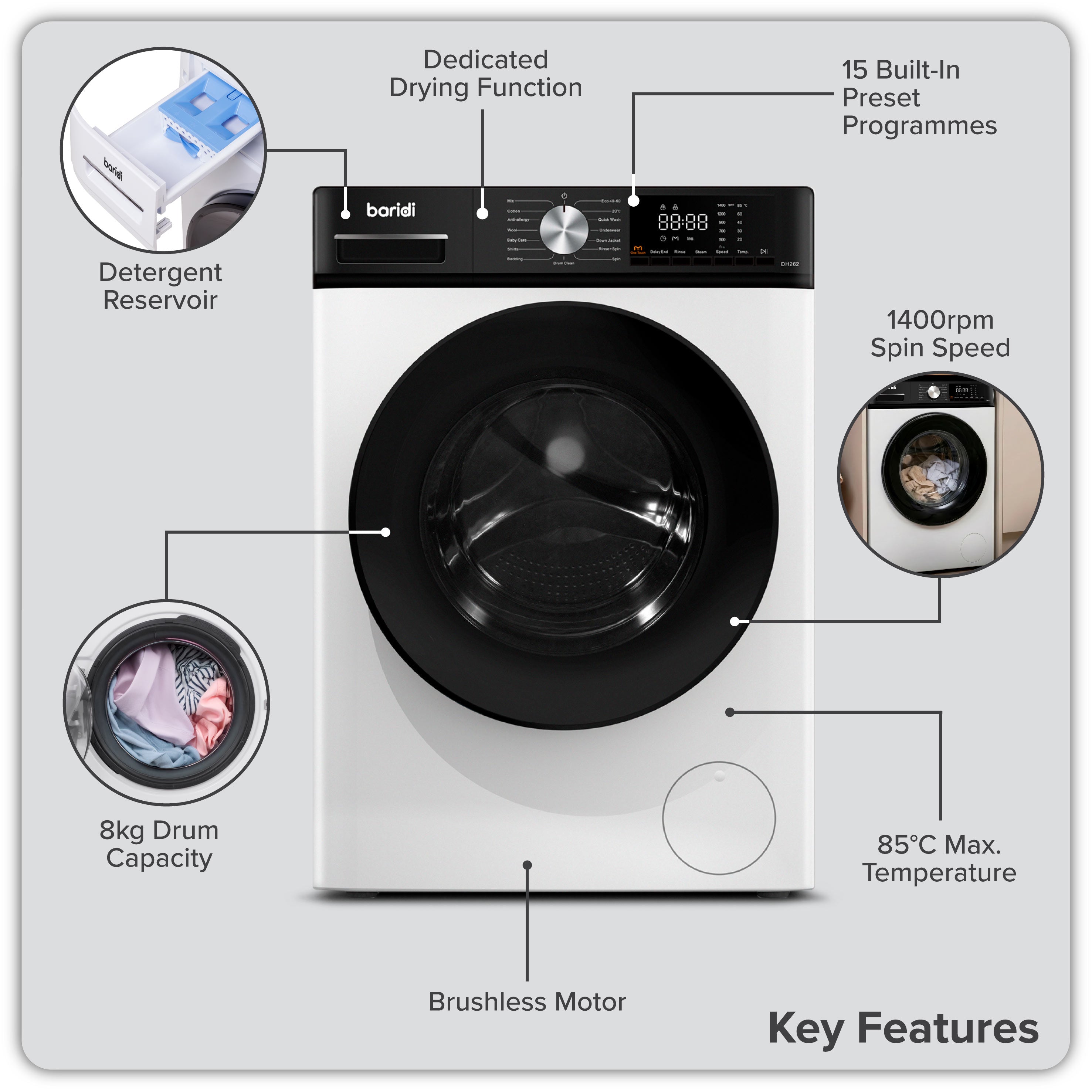 Baridi 8/5kg Washer Dryer, Front Loading, 1400rpm, 15 Programmes, BLDC Motor, White/Black – DH263