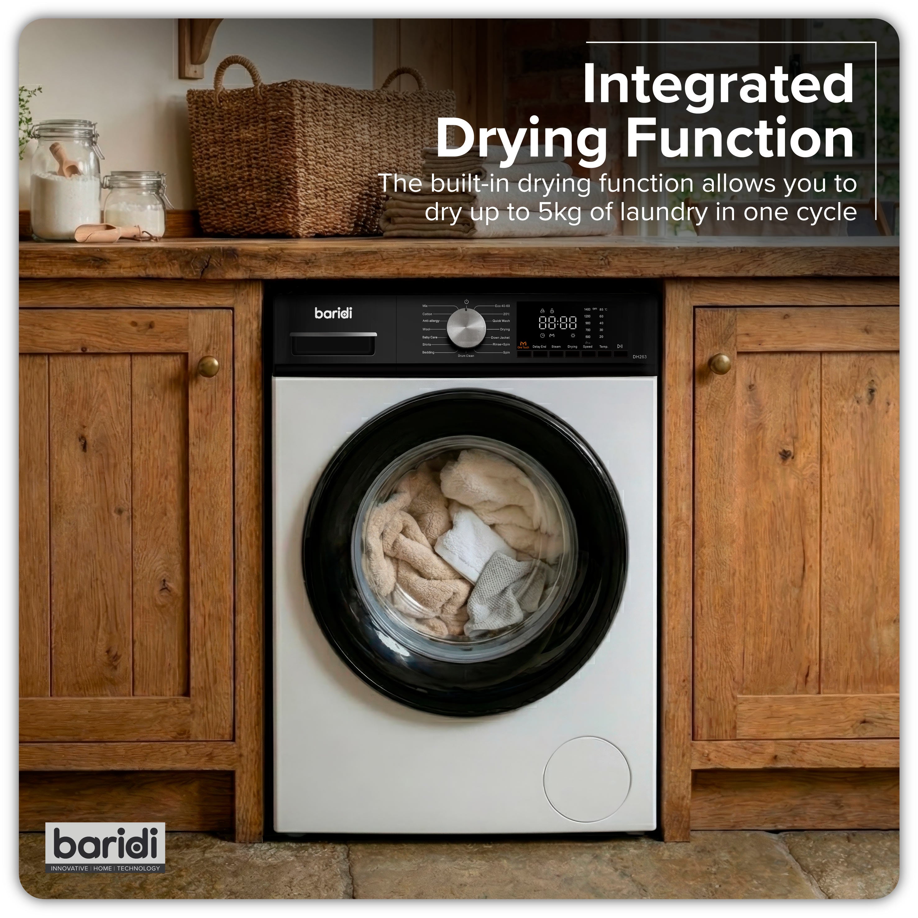 Baridi 8/5kg Washer Dryer, Front Loading, 1400rpm, 15 Programmes, BLDC Motor, White/Black – DH263