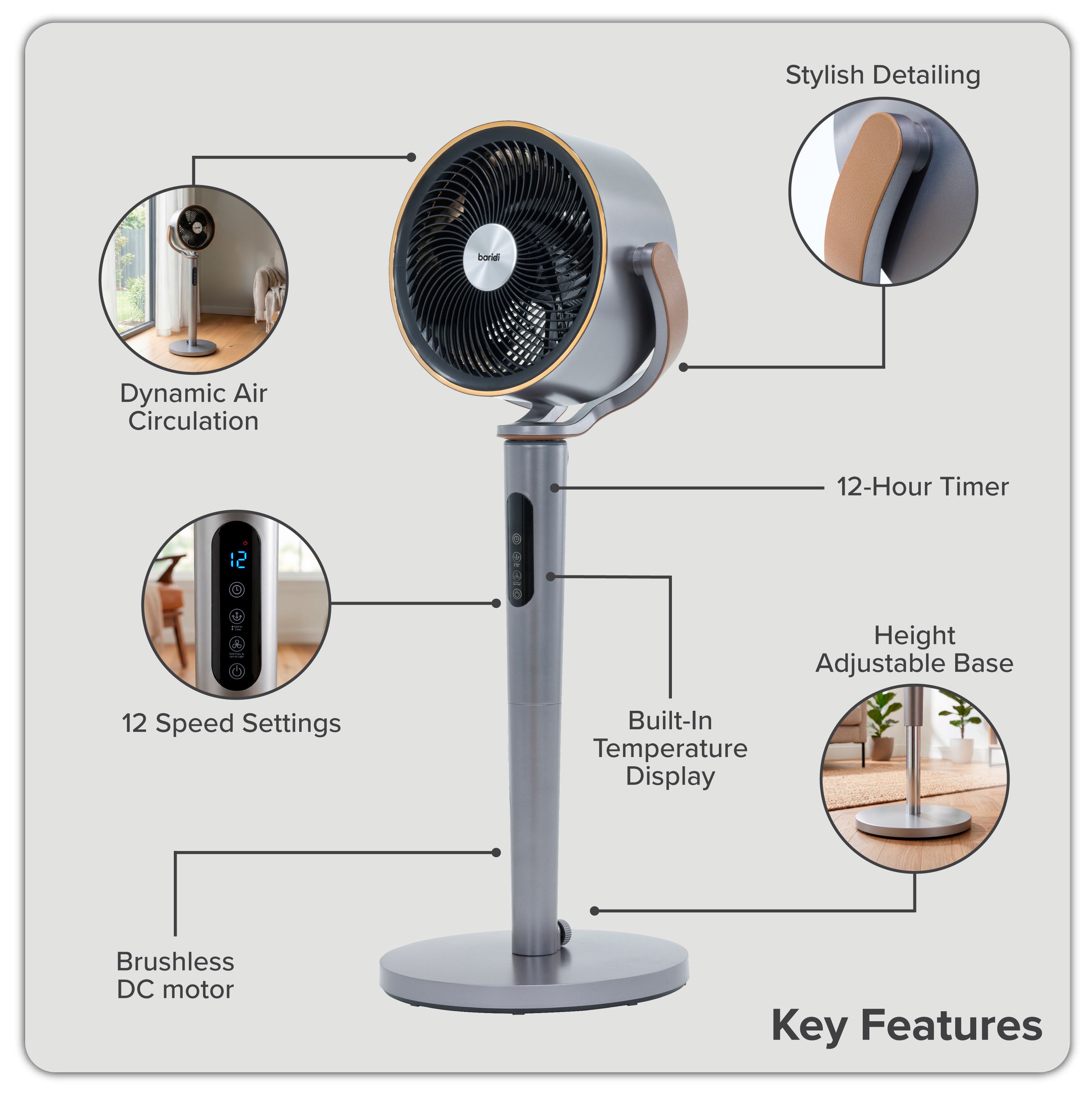 Baridi 12" Pedestal Fan with Remote Control, Back Light & 12hr Timer - Grey - DH264