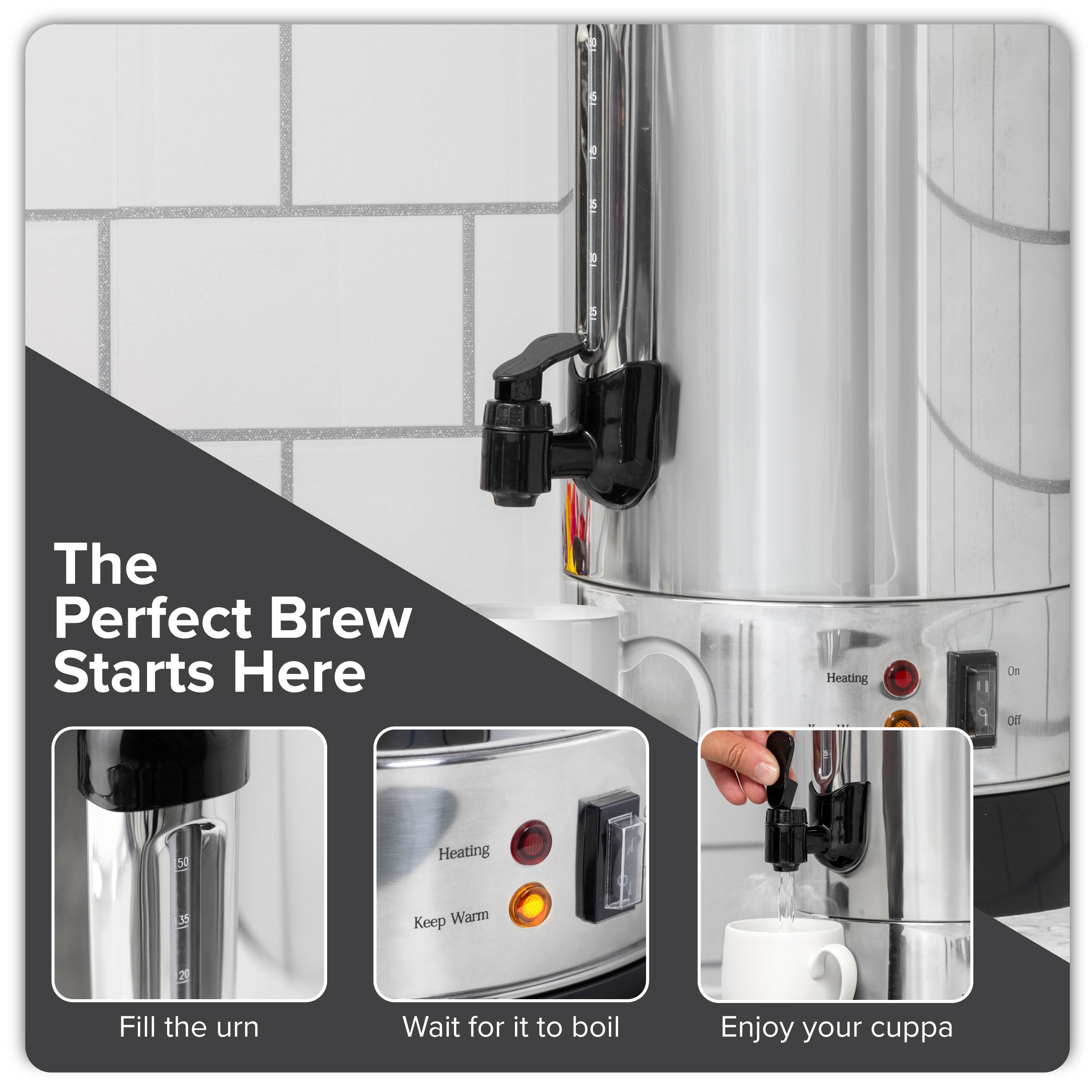 Baridi DH270 Hot Water Dispenser Action shot - infographic - steps and stages