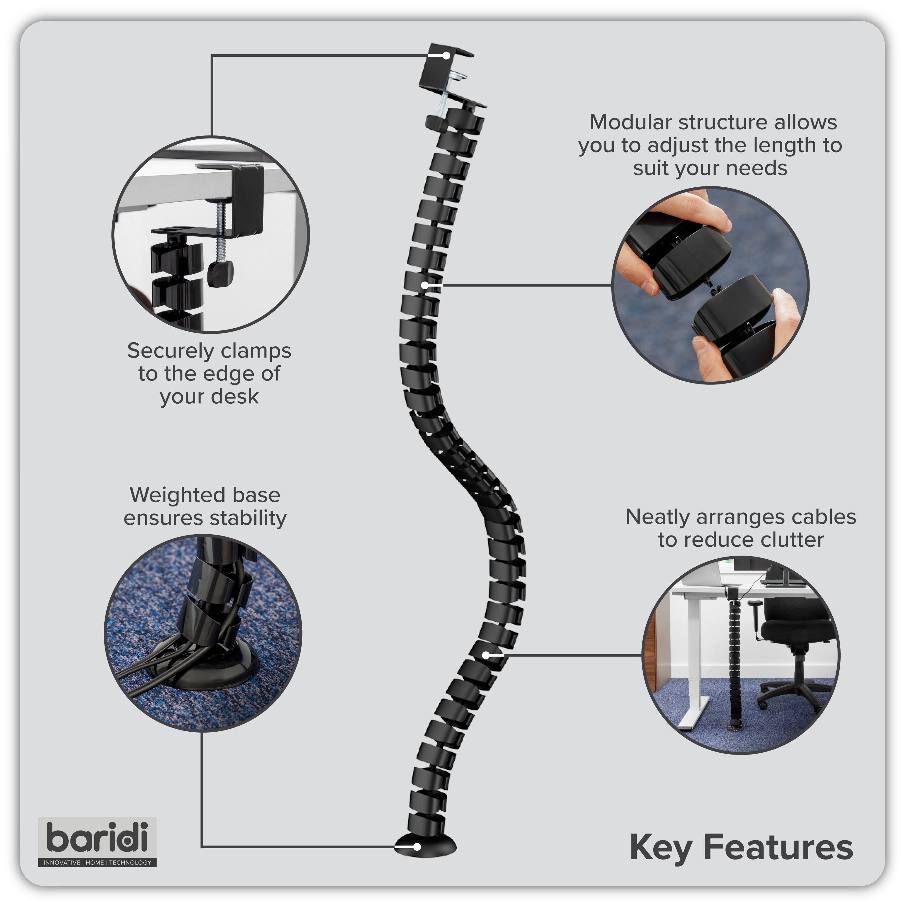 Standing Desk Flexible Cable Management System, Clamp-On - DH274