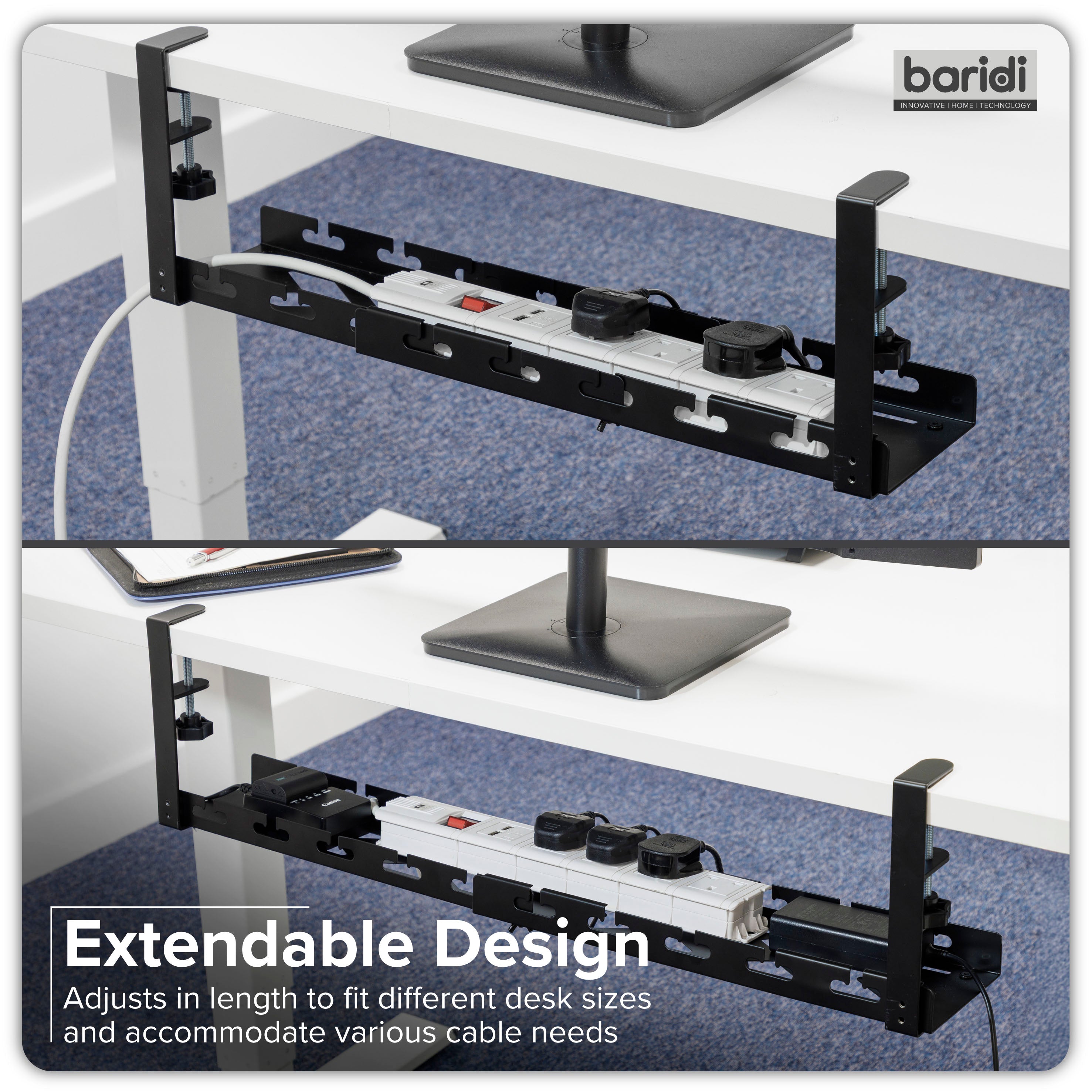 Dellonda Cable Management Tray, Extendable, 730mm Wide, Clamp-On - Black - DH276