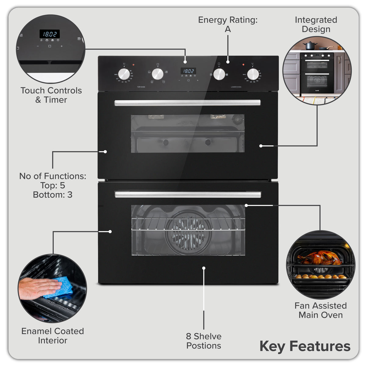 Baridi 72cm Under-Counter Double Oven, 74L Capacity, Energy Rating A, 8 Shelf Positions, Black Glass – DH278