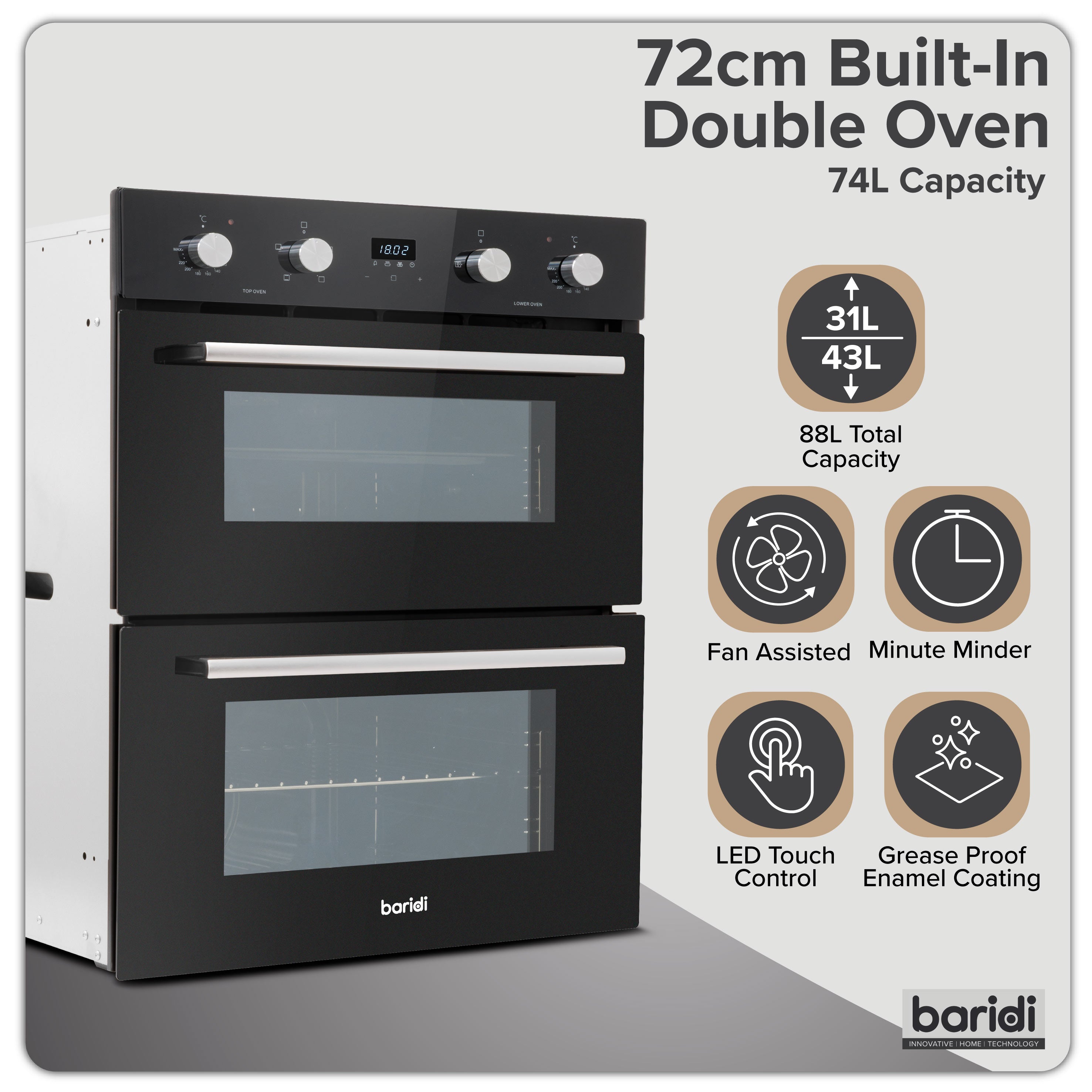 72cm Built-Under Double Oven, 74L Capacity, Energy Rating A – Black