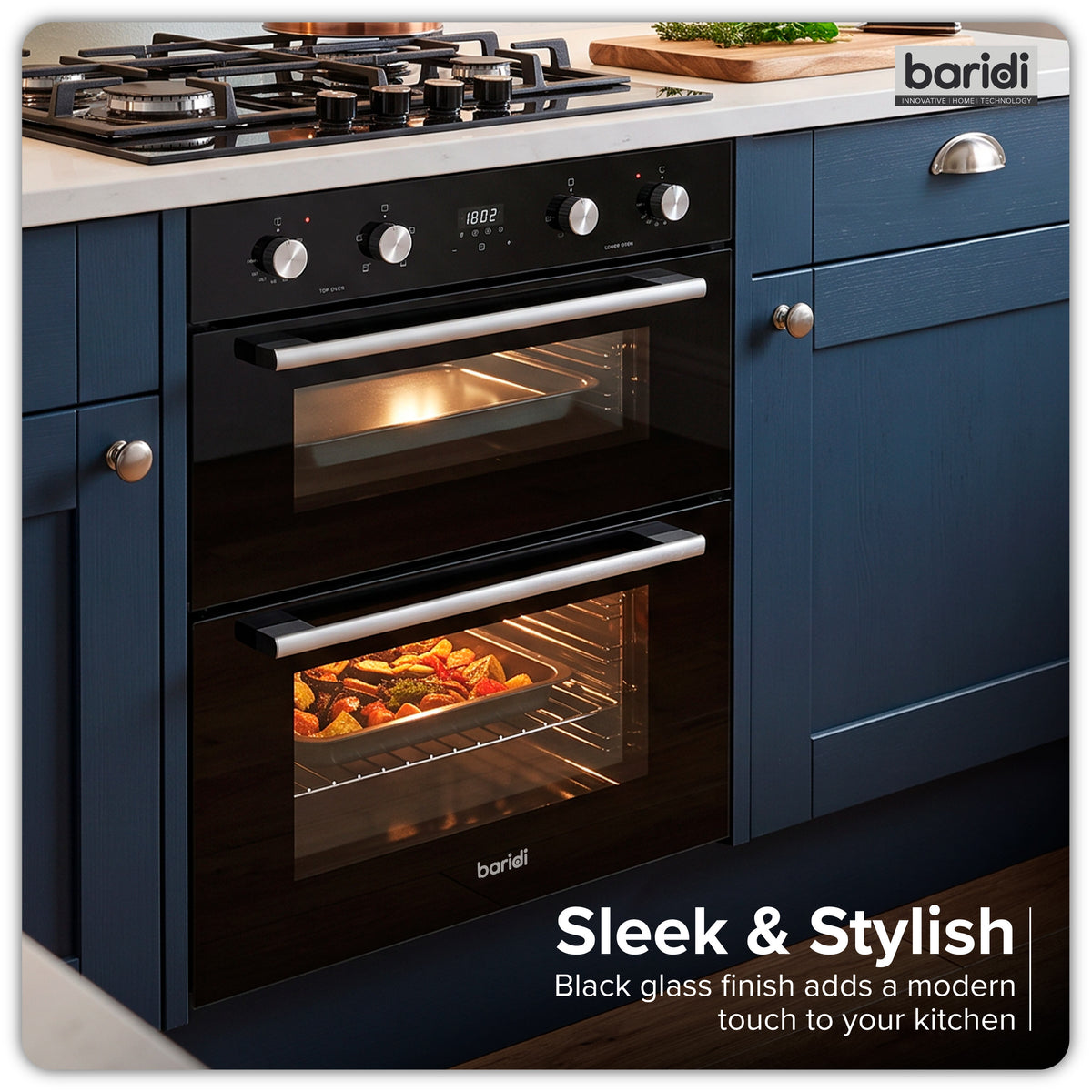 Baridi 72cm Under-Counter Double Oven, 74L Capacity, Energy Rating A, 8 Shelf Positions, Black Glass – DH278