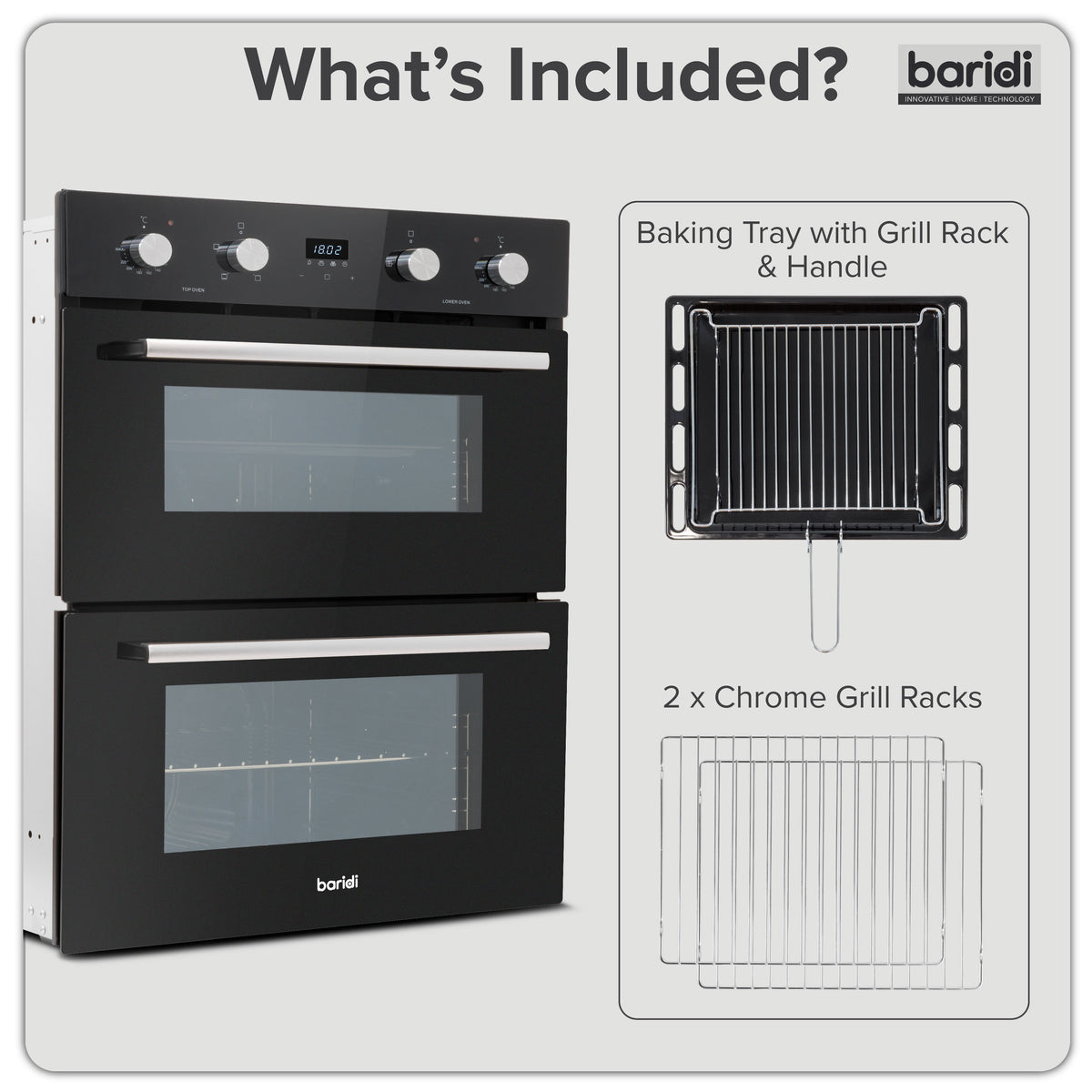 Baridi 72cm Under-Counter Double Oven, 74L Capacity, Energy Rating A, 8 Shelf Positions, Black Glass – DH278
