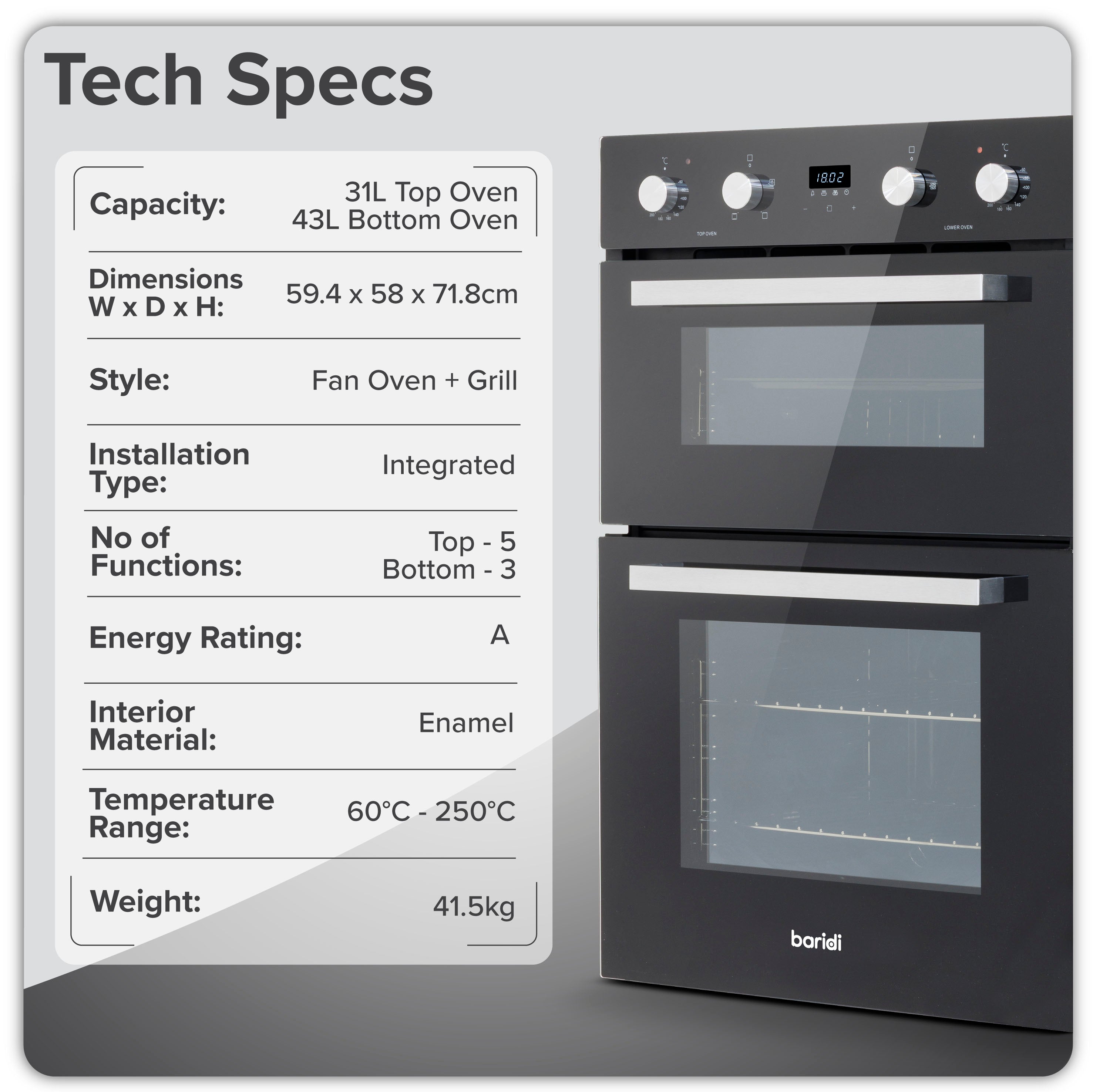 Baridi 72cm Under-Counter Double Oven, 74L Capacity, Energy Rating A, 8 Shelf Positions, Black Glass – DH278
