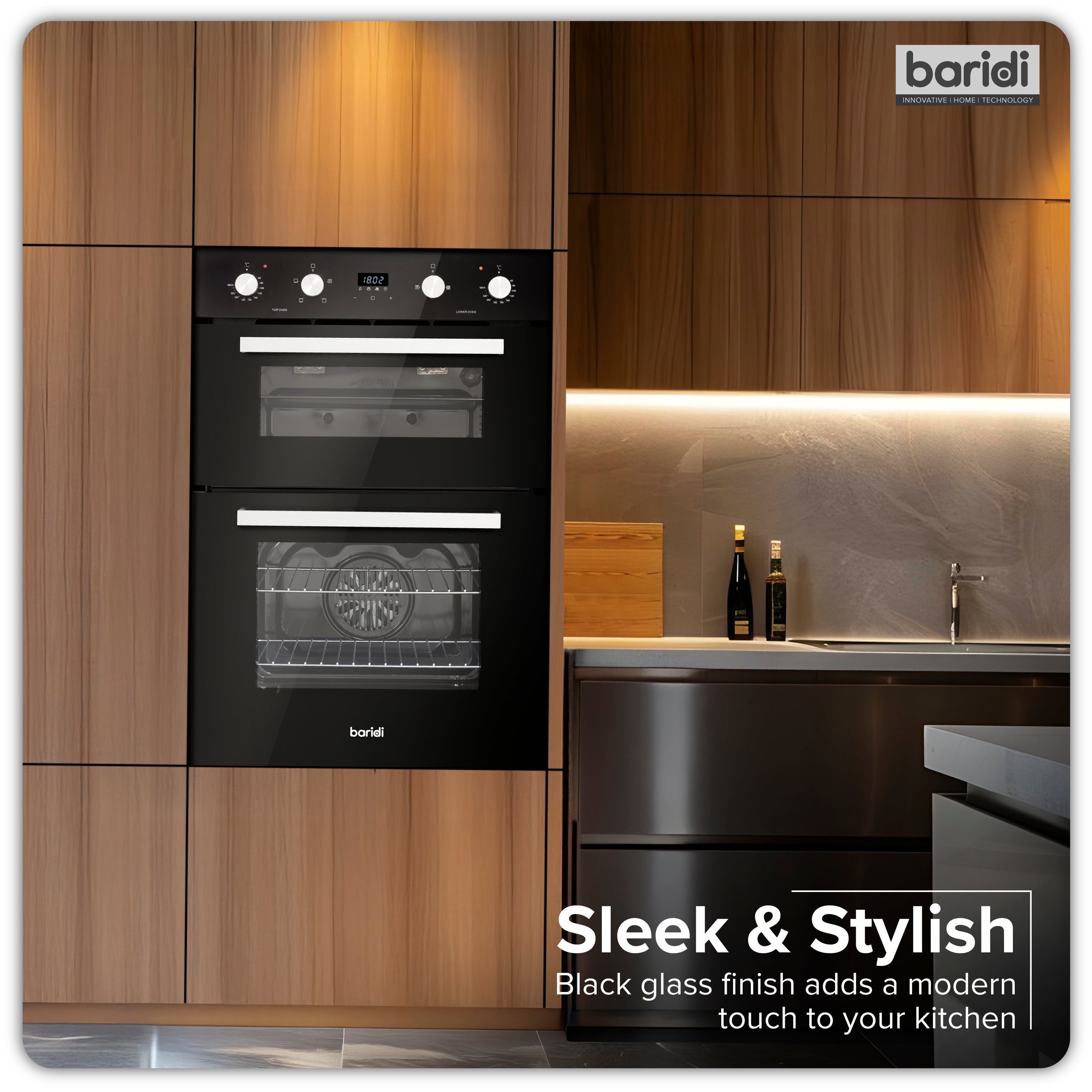Baridi 90cm 88L Built-In Double Oven, Capacity, Energy Rating A, Black Glass – DH279