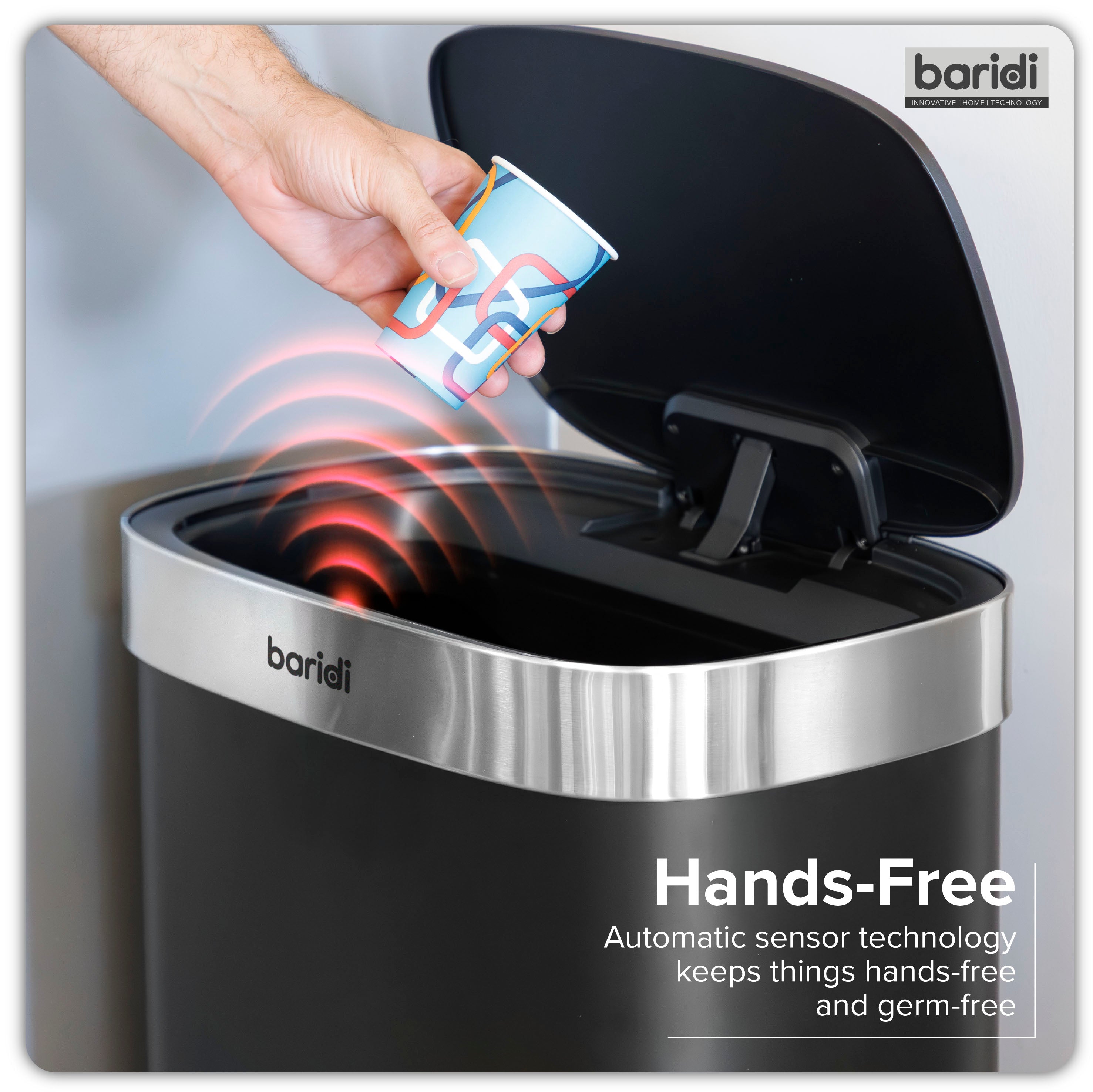 Baridi Sensor Bin, 65L Capacity, Black/Stainless Steel – DH282