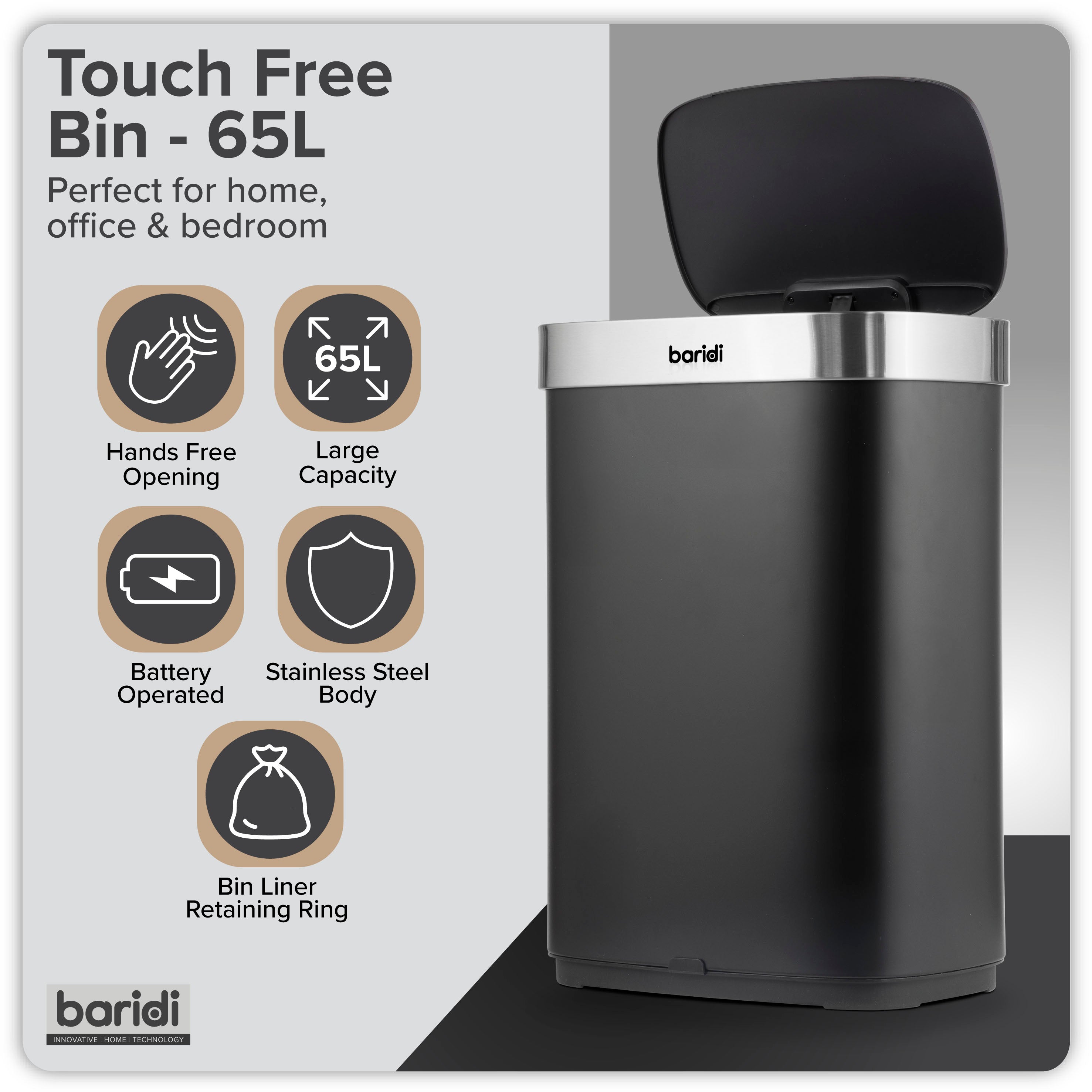 Baridi Sensor Bin, 65L Capacity, Black/Stainless Steel – DH282