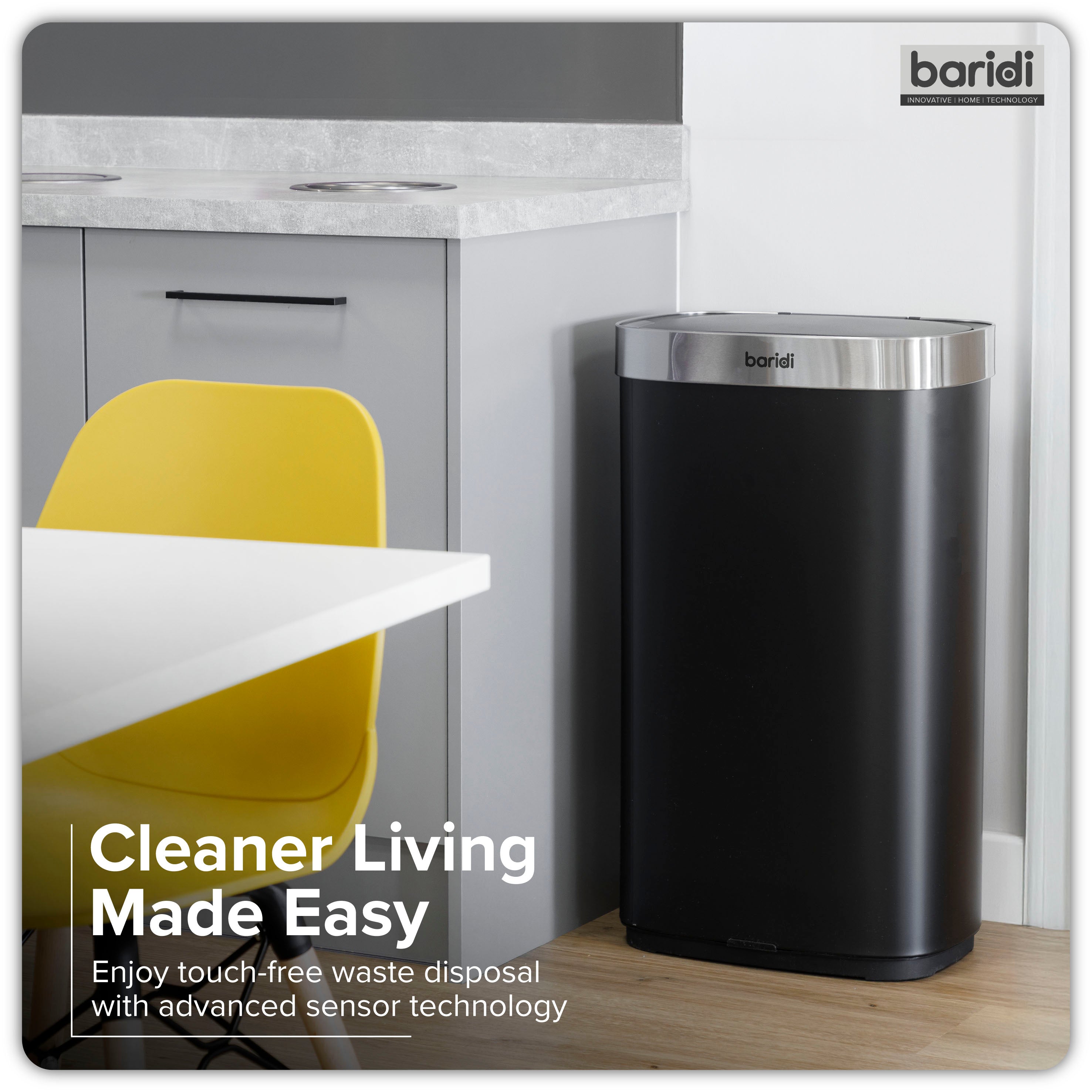 Baridi Sensor Bin, 80L Capacity, Black/Stainless Steel - DH283