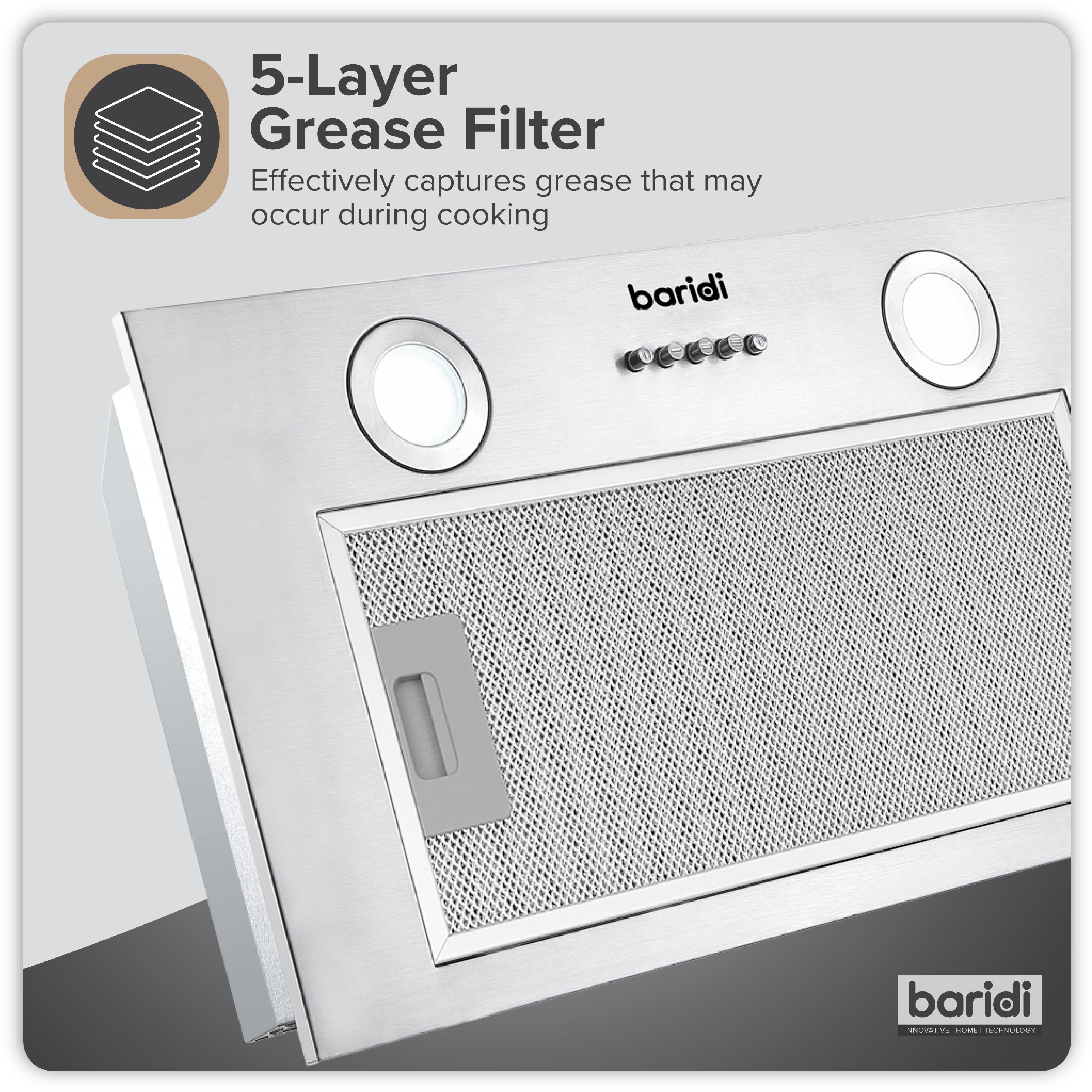 Baridi Built-In Cooker Hood 52cm with 5 Layer Filter, Stainless Steel - DH284