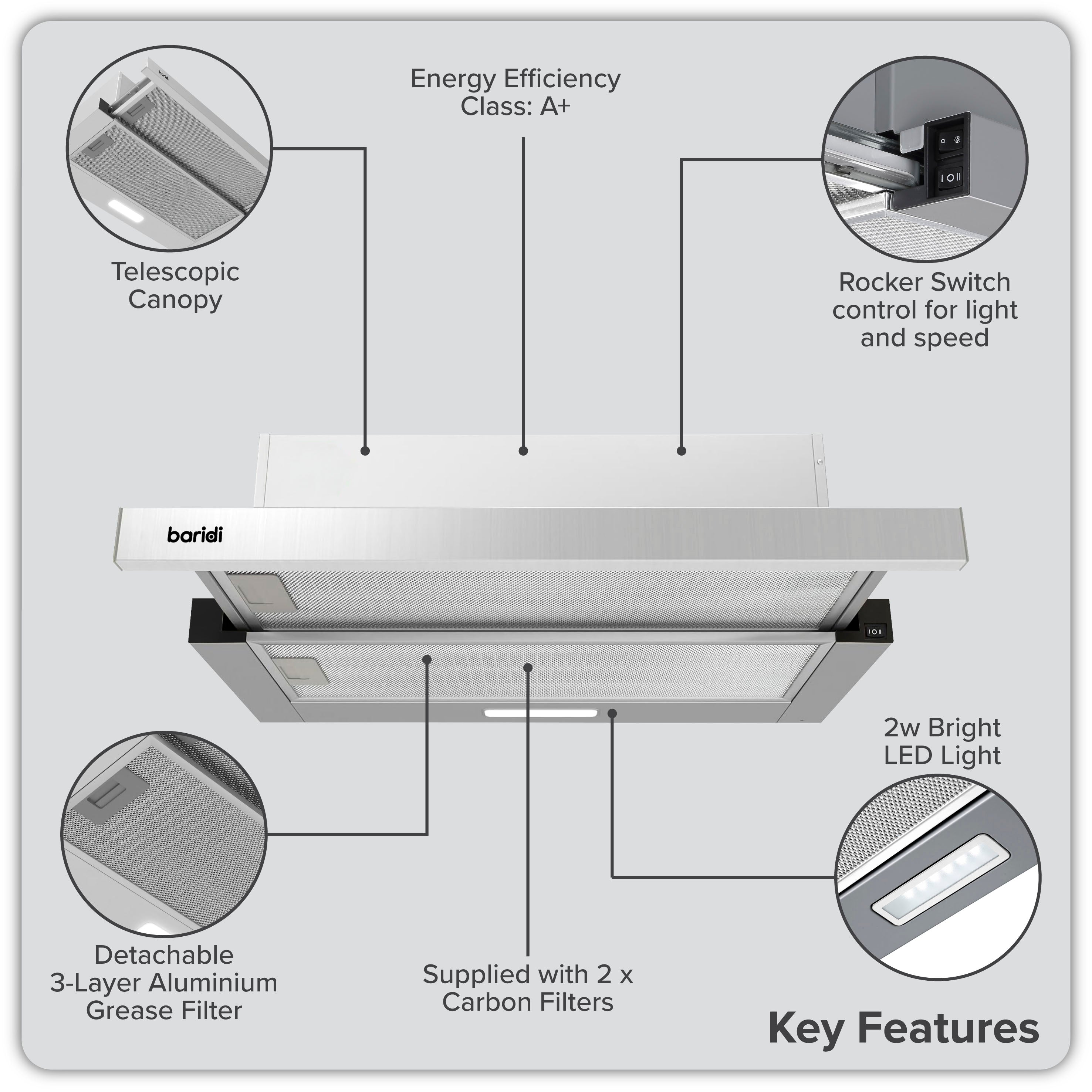 Baridi Telescopic Cooker Hood, 60cm with Aluminium Filters, Stainless Steel – DH286