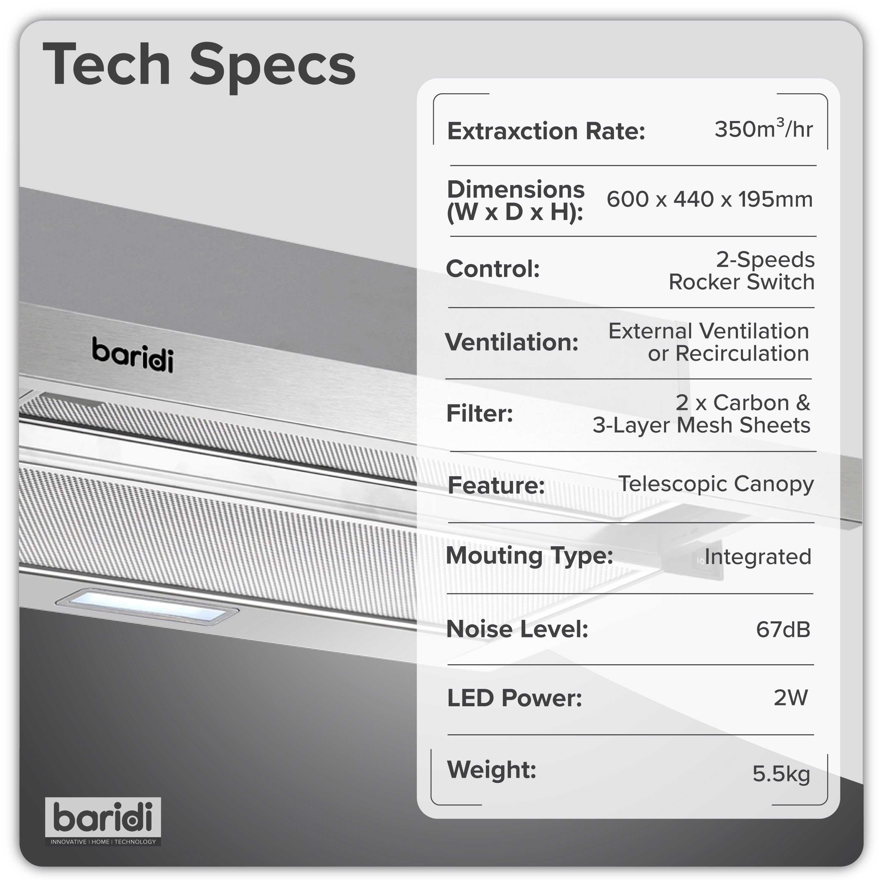 Baridi Telescopic Cooker Hood, 60cm with Aluminium Filters, Stainless Steel – DH286